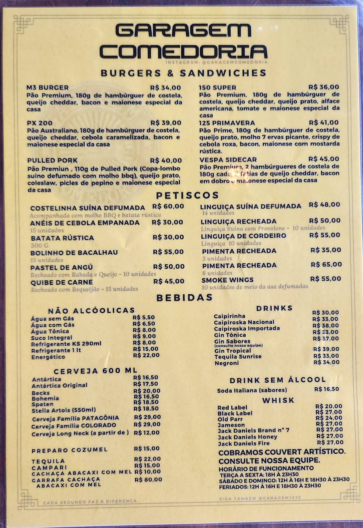 Garagem Comedoria cardápio
