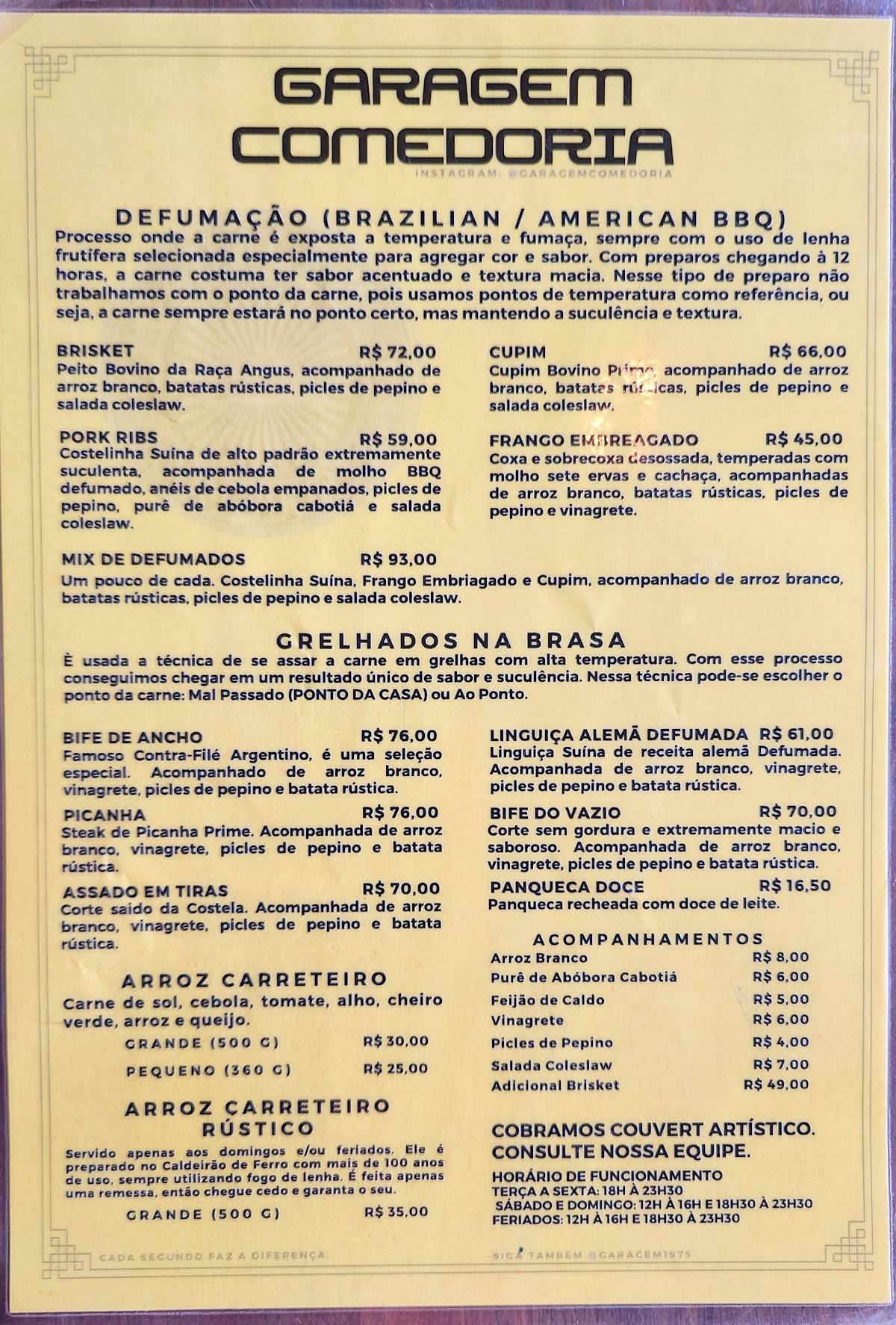 Garagem Comedoria cardápio
