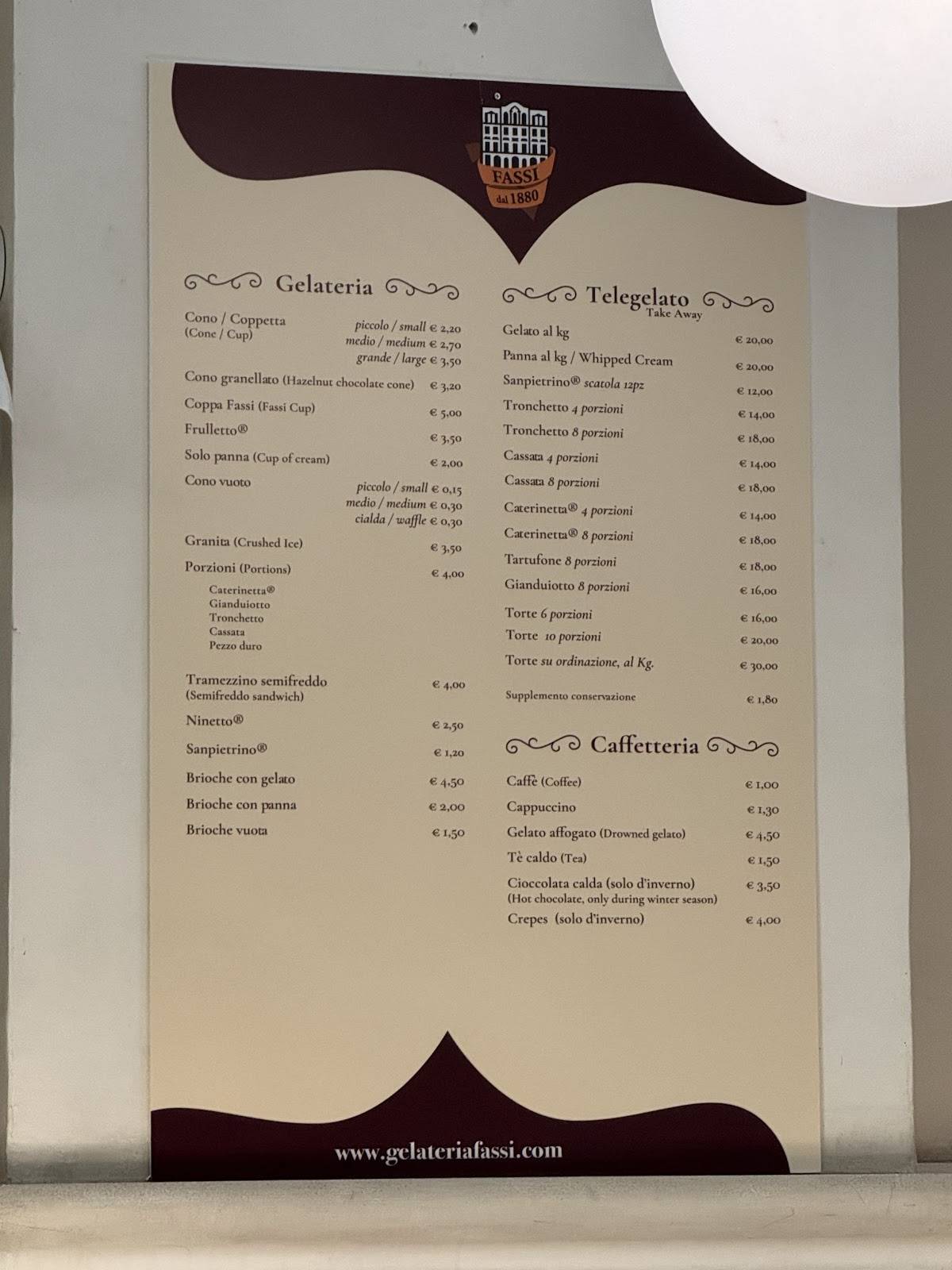 Menu di Gelateria Fassi - Gelato artigianale a Roma dal 1880 