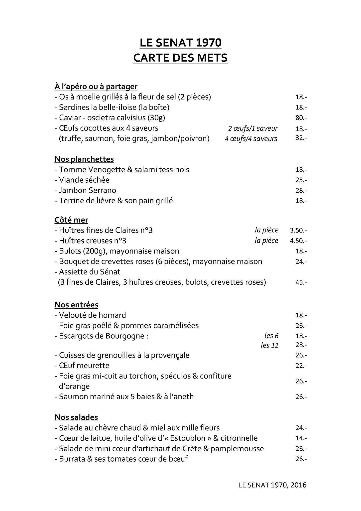 Menu de Restaurant Le Sénat 1970