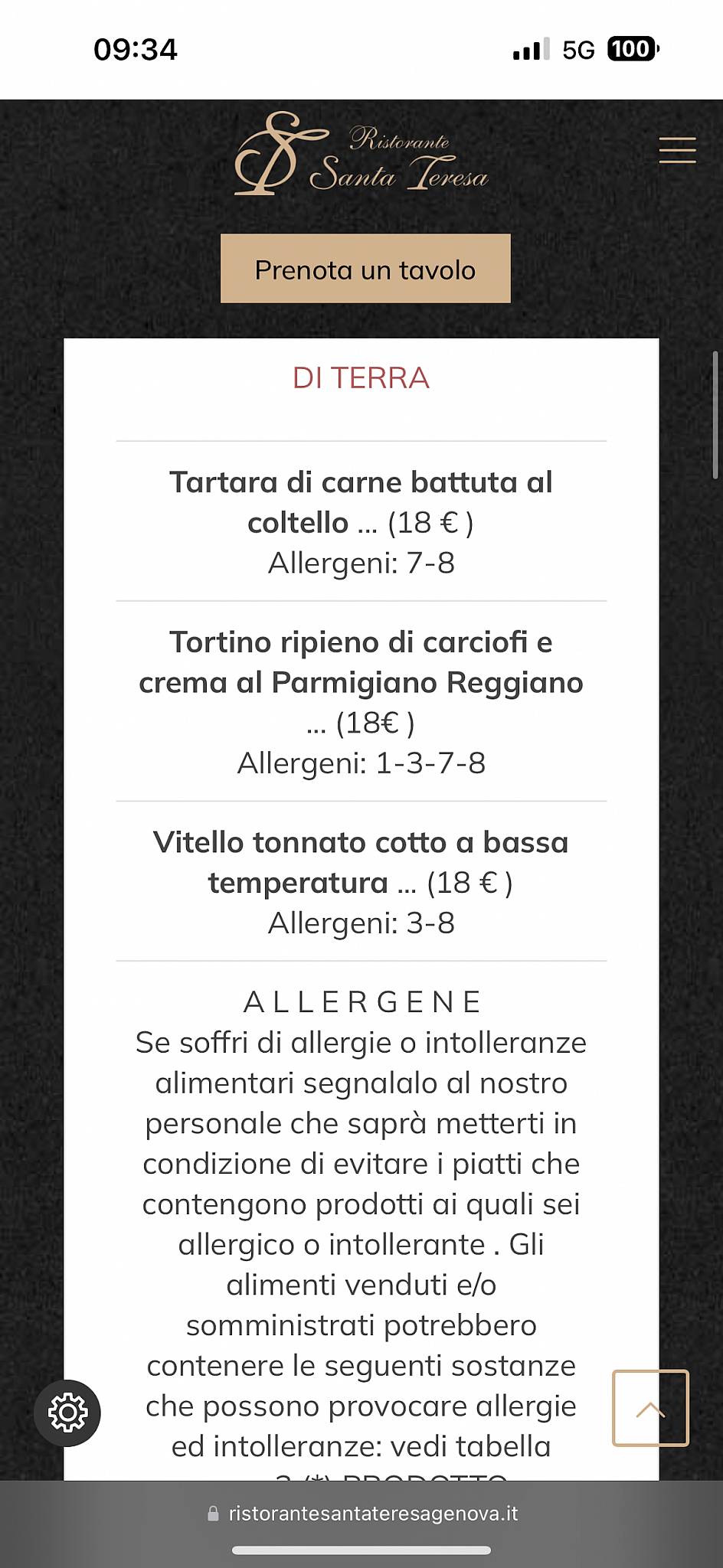 Menu di Ristorante Santa Teresa 