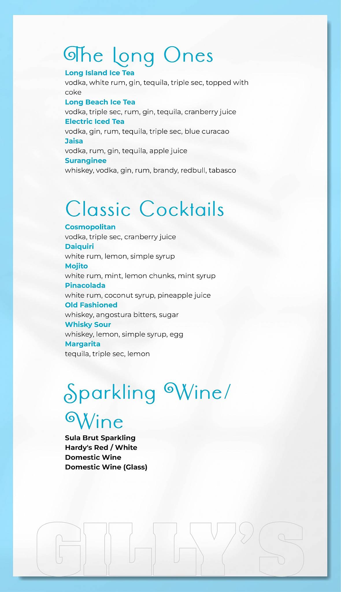 Gillys Restobar menu