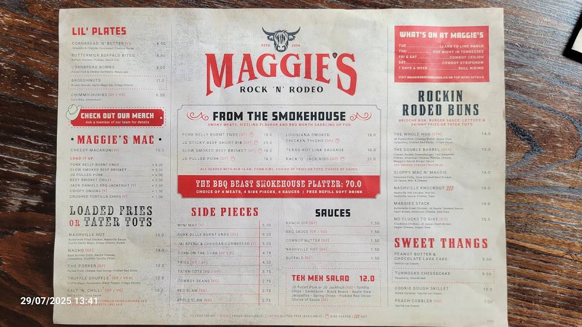 Menu at Maggies Rock n Rodeo pub & bar, Glasgow, 60 Trongate