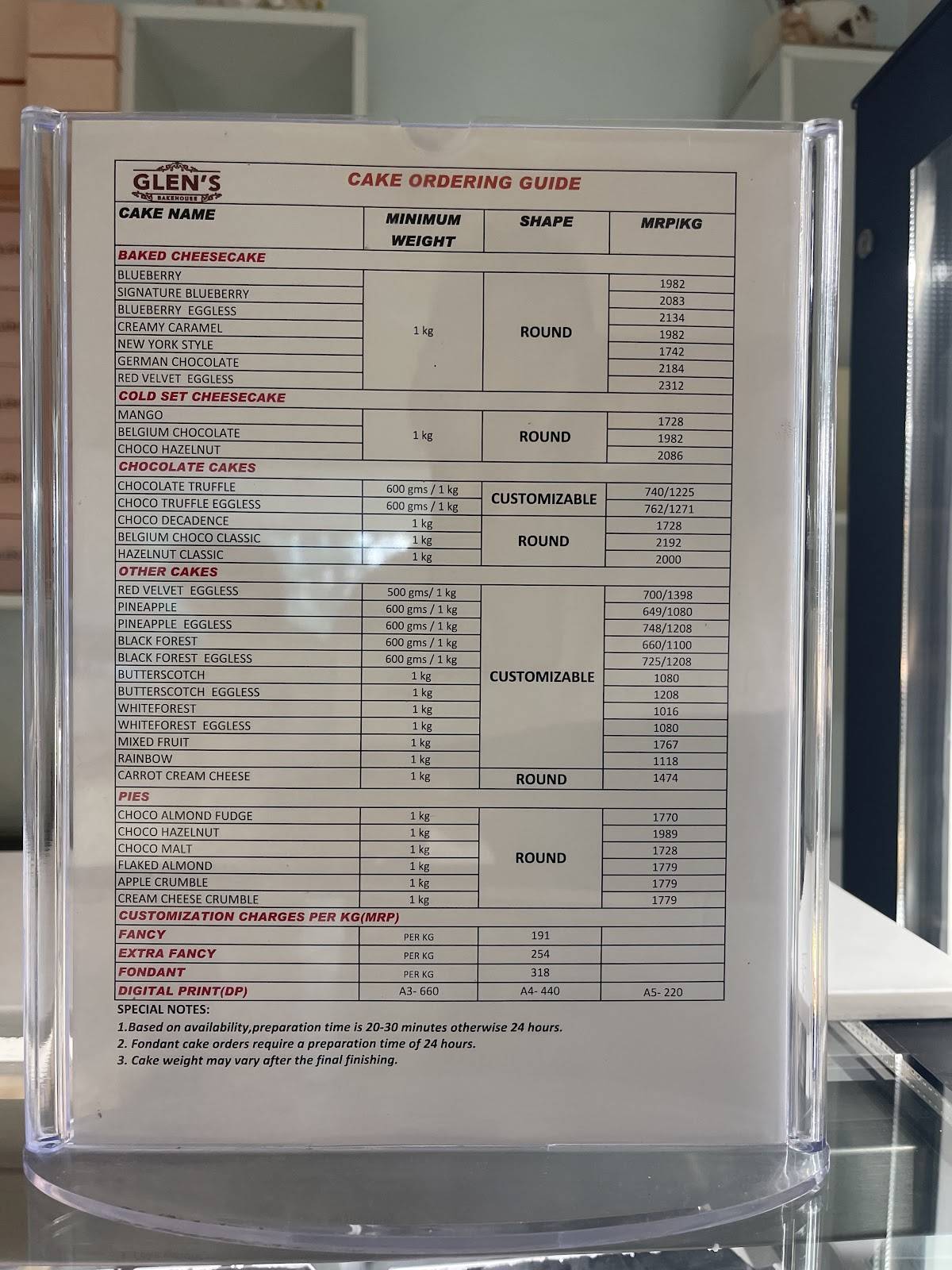 Glen's Bakehouse menu