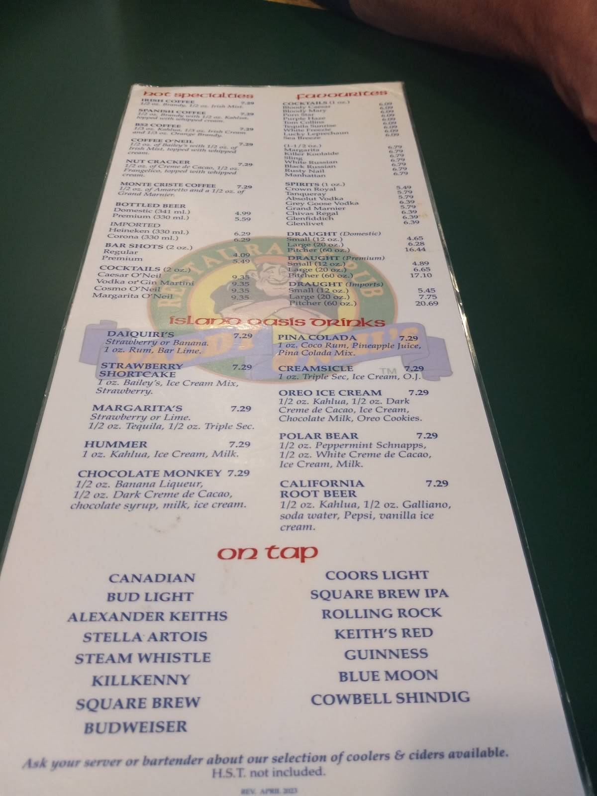 Menu de Paddy O'Neils Restaurant Pub