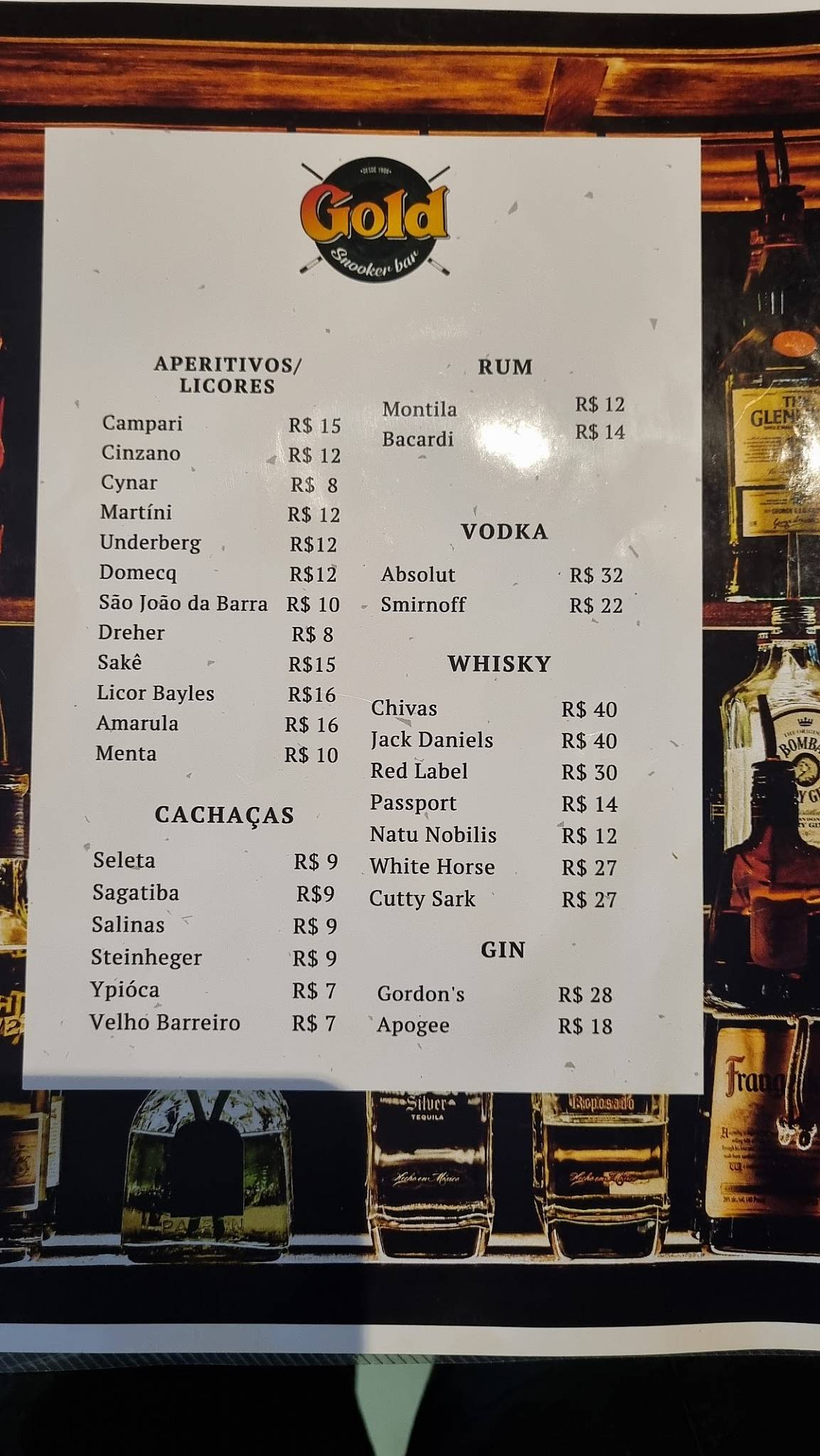 Gold Snooker Bar | Café cardápio