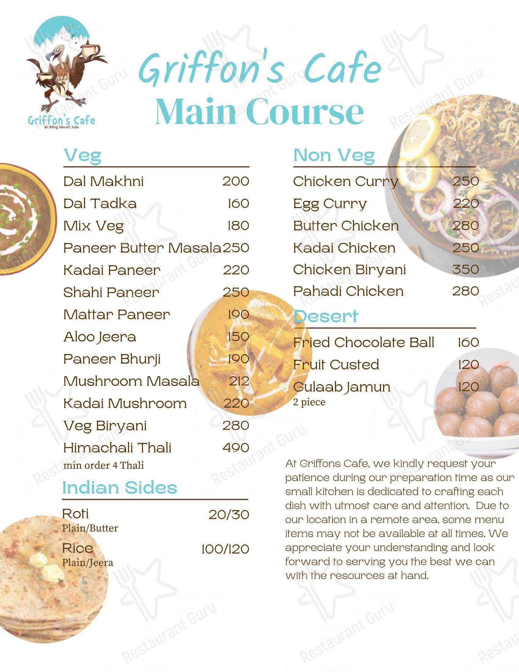 Griffon's Cottage, Cafe and Campsite in Bir - Menu