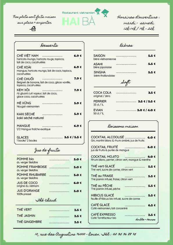 Menu de Hai Bà