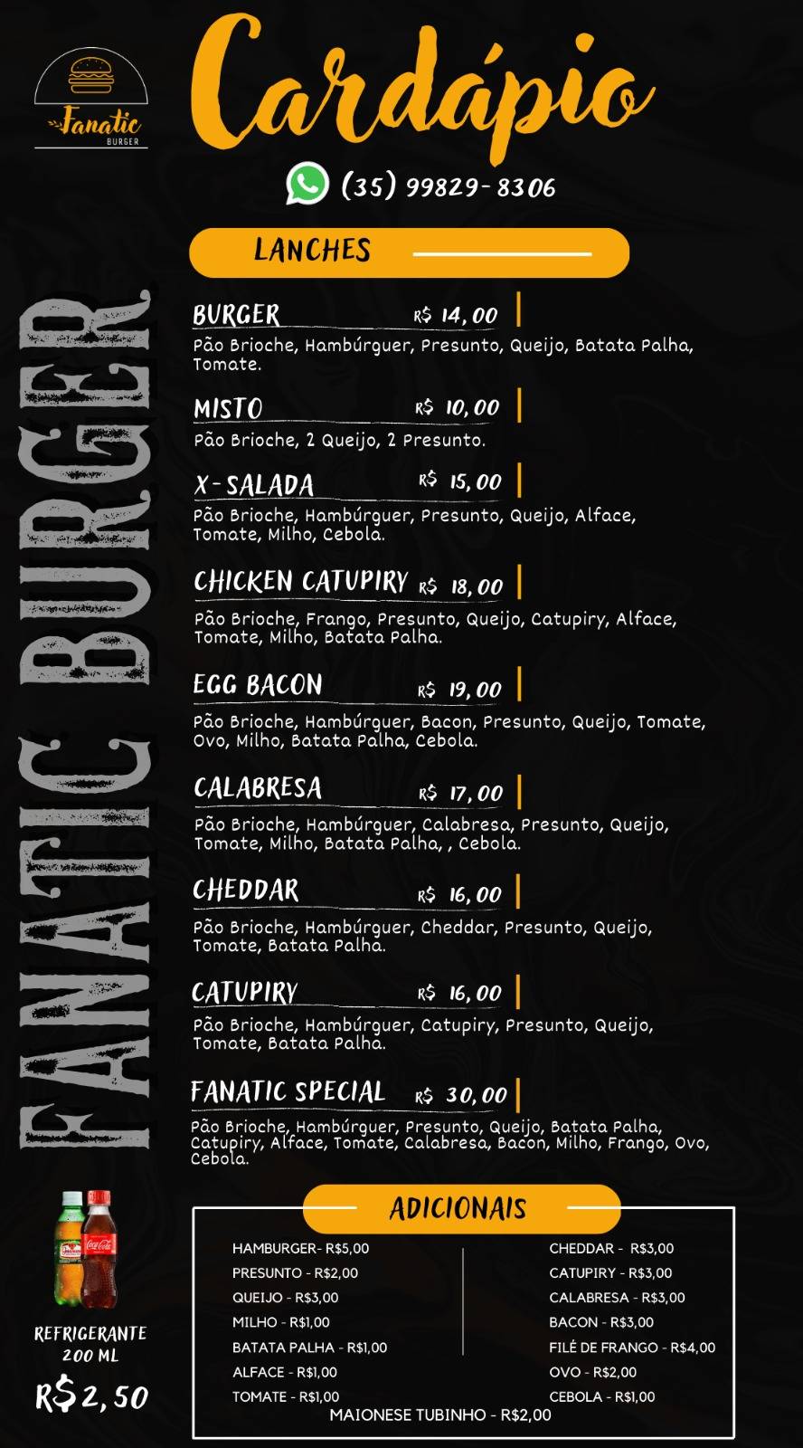 Hamburgueria Lanchonete Fanatic Burger - Cachoeira de Minas - MG cardápio