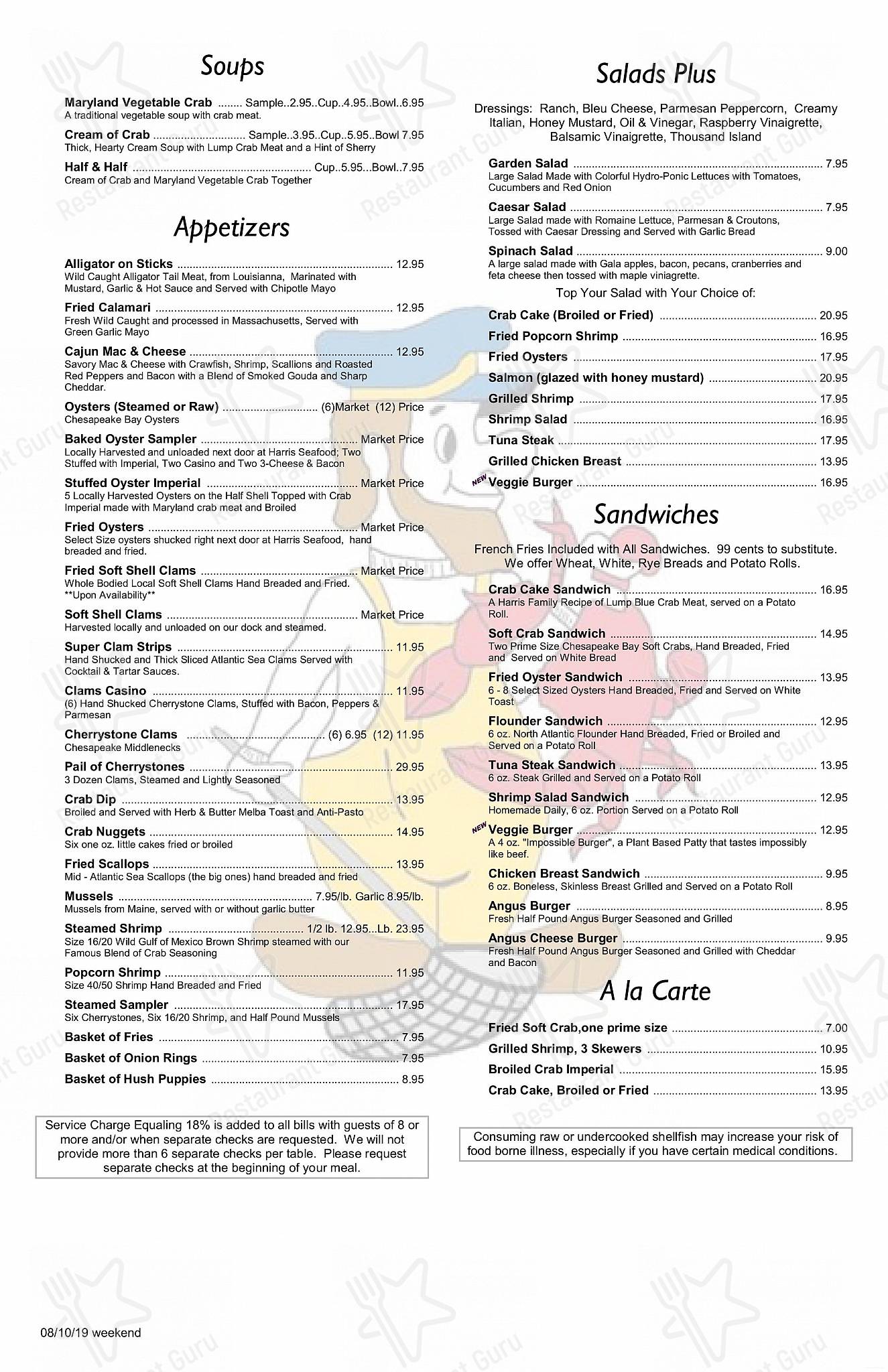 Menu at Harris Crab House restaurant, Grasonville