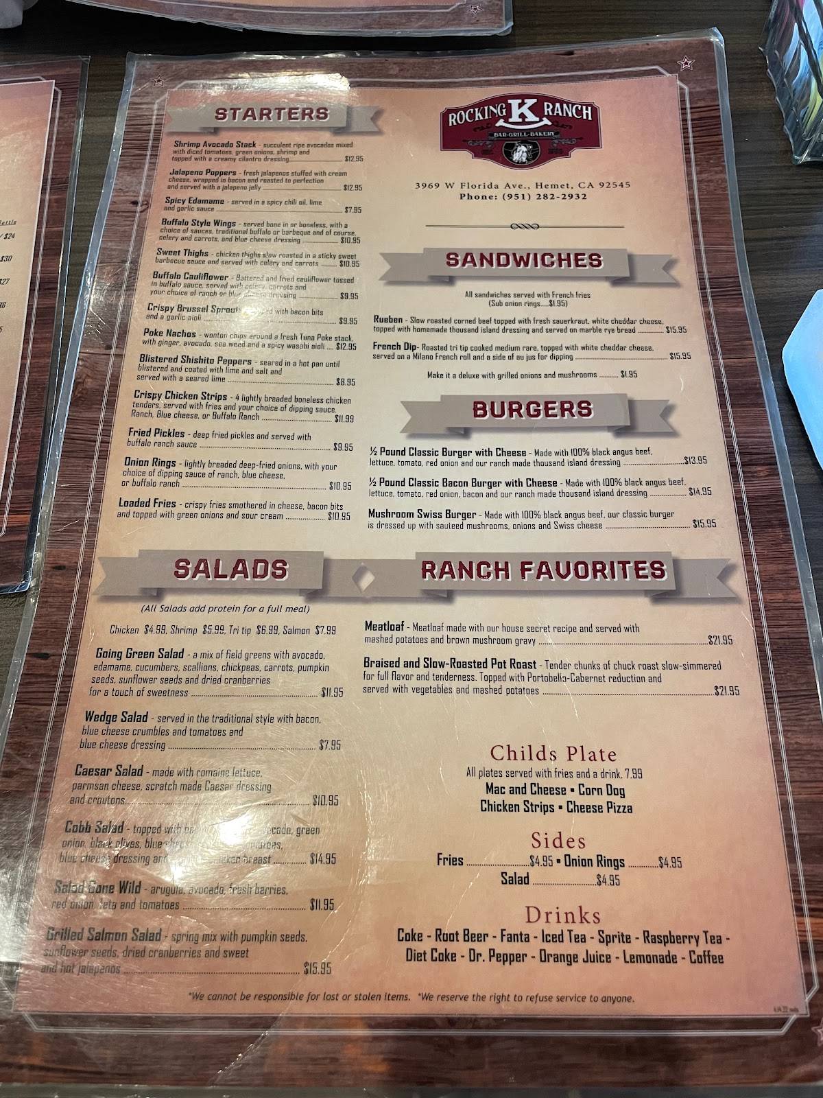 Menu at Rocking K Ranch pub & bar, Hemet
