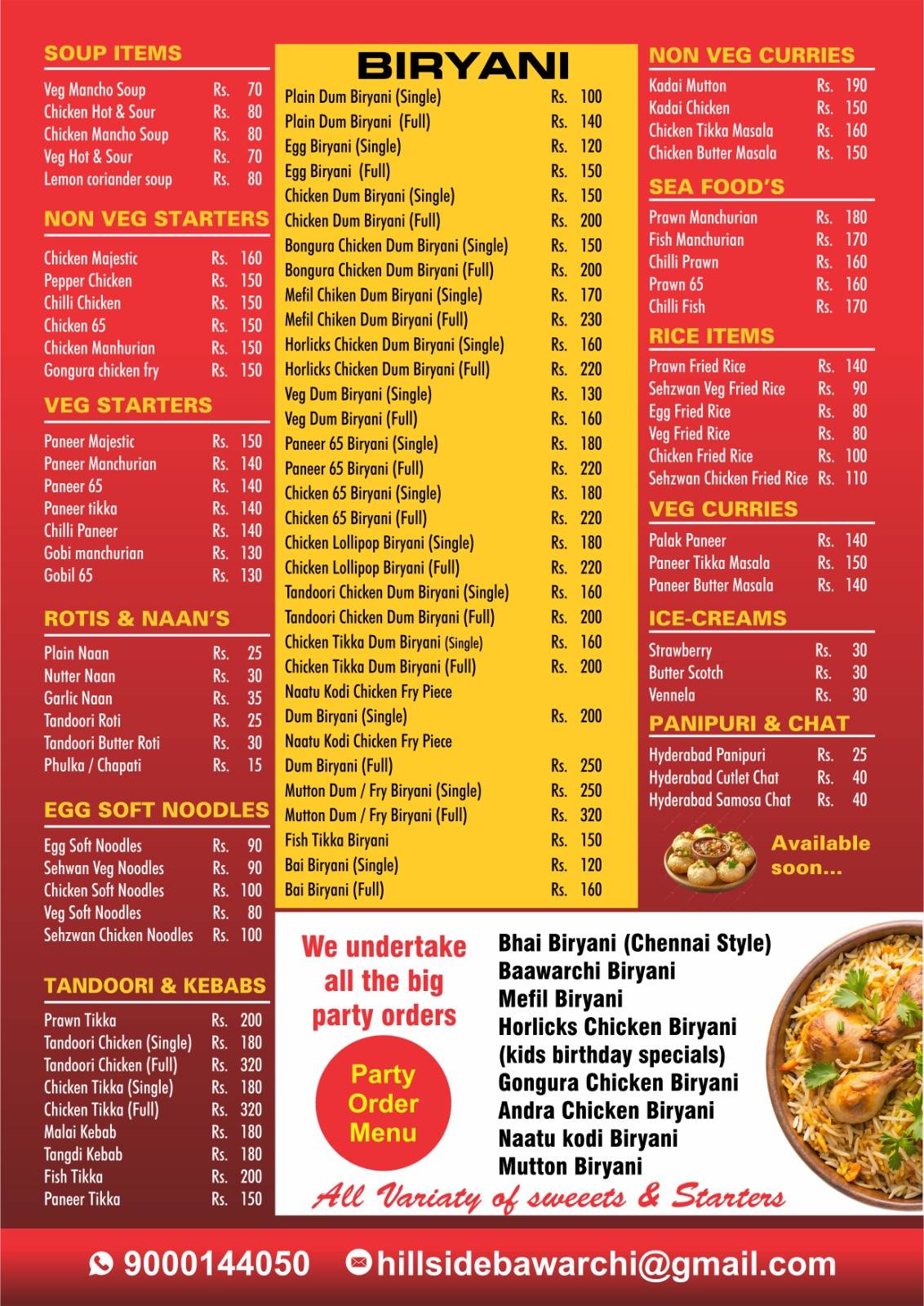 Hillside Bawarchi Hyderabad Biryani menu