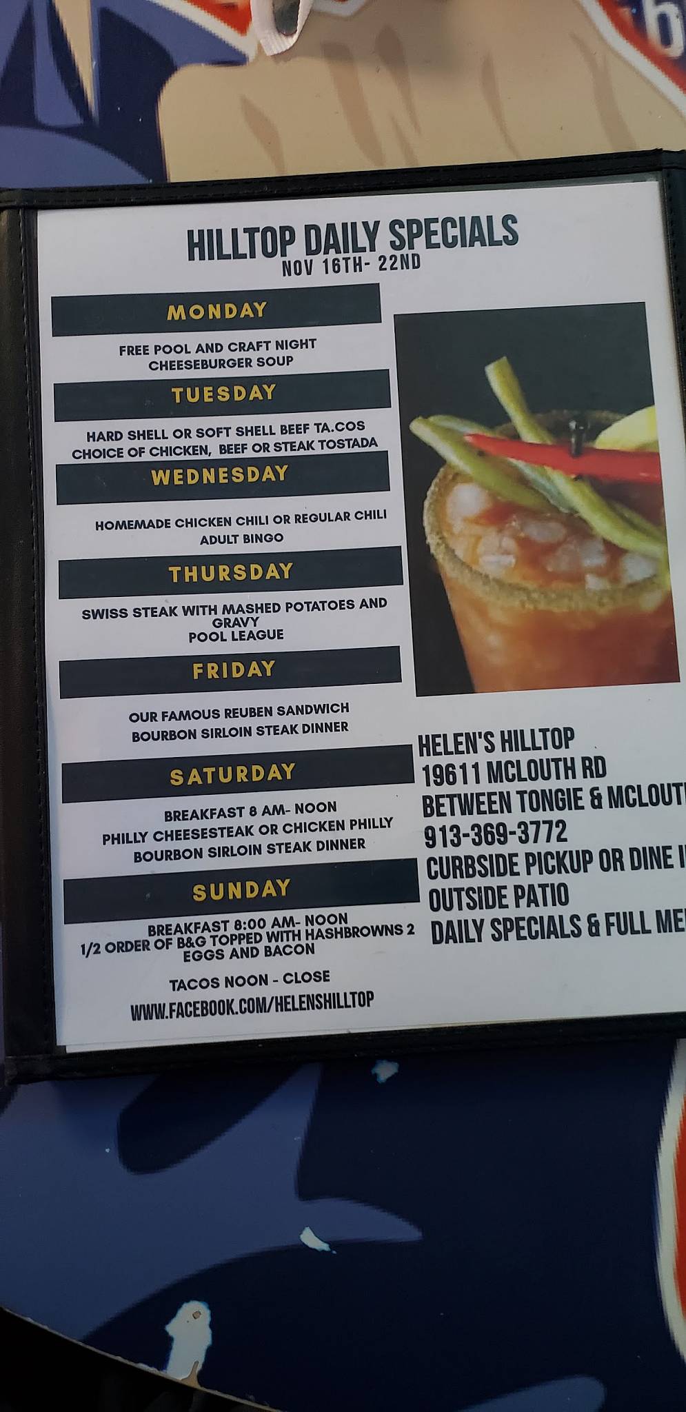 Menu at Hilltop Bar & Grill, Tonganoxie