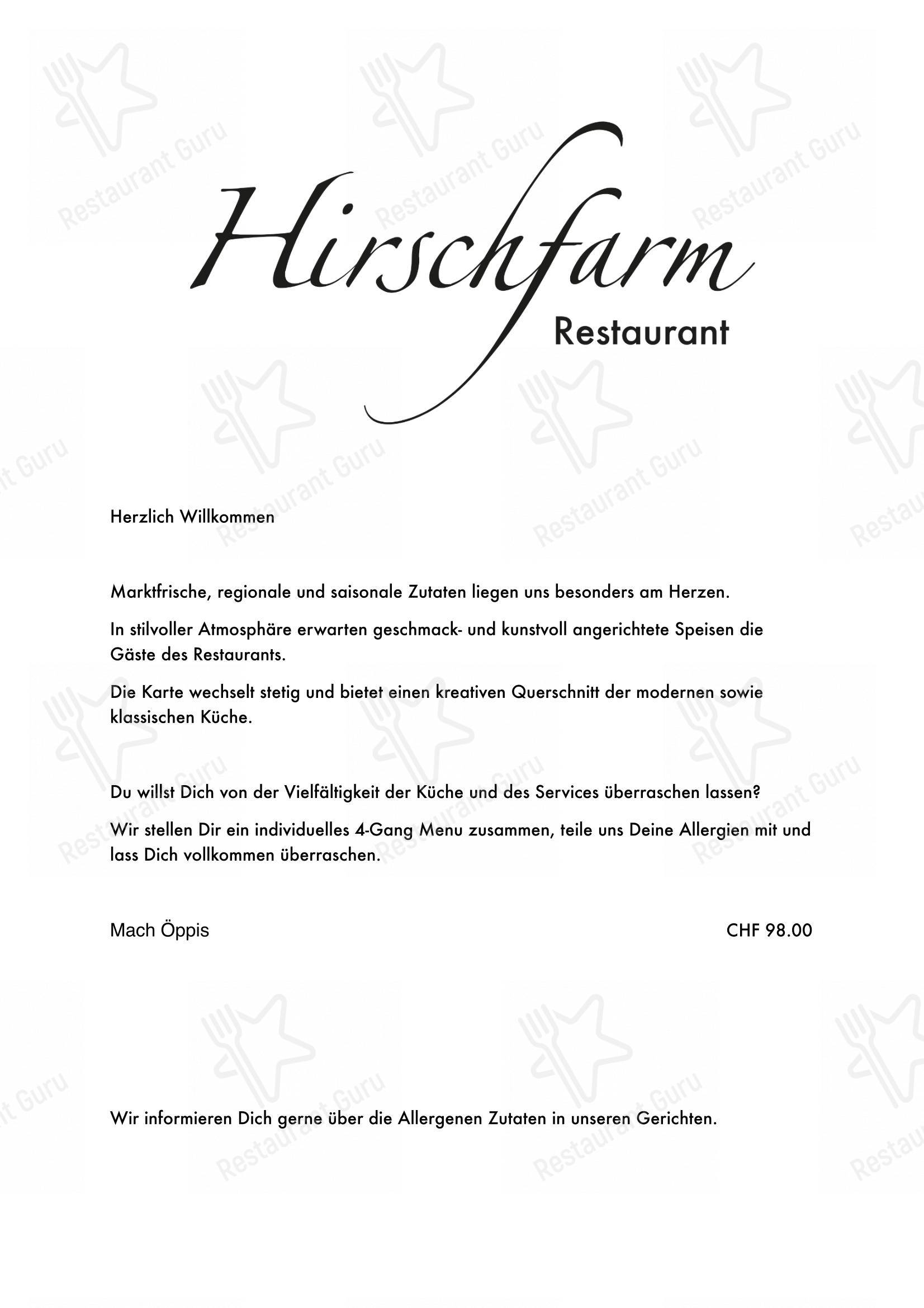 Menu per Hirschfarm Restaurant ristorante