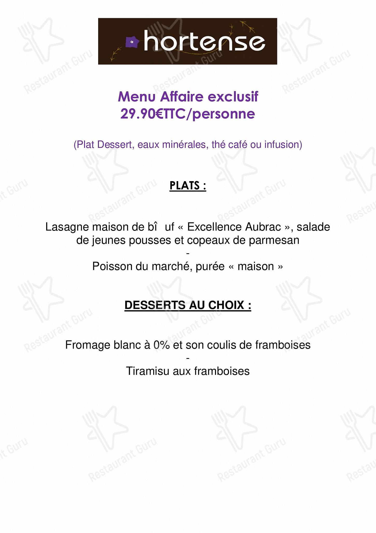 Menu pour Hortense - repas et boissons