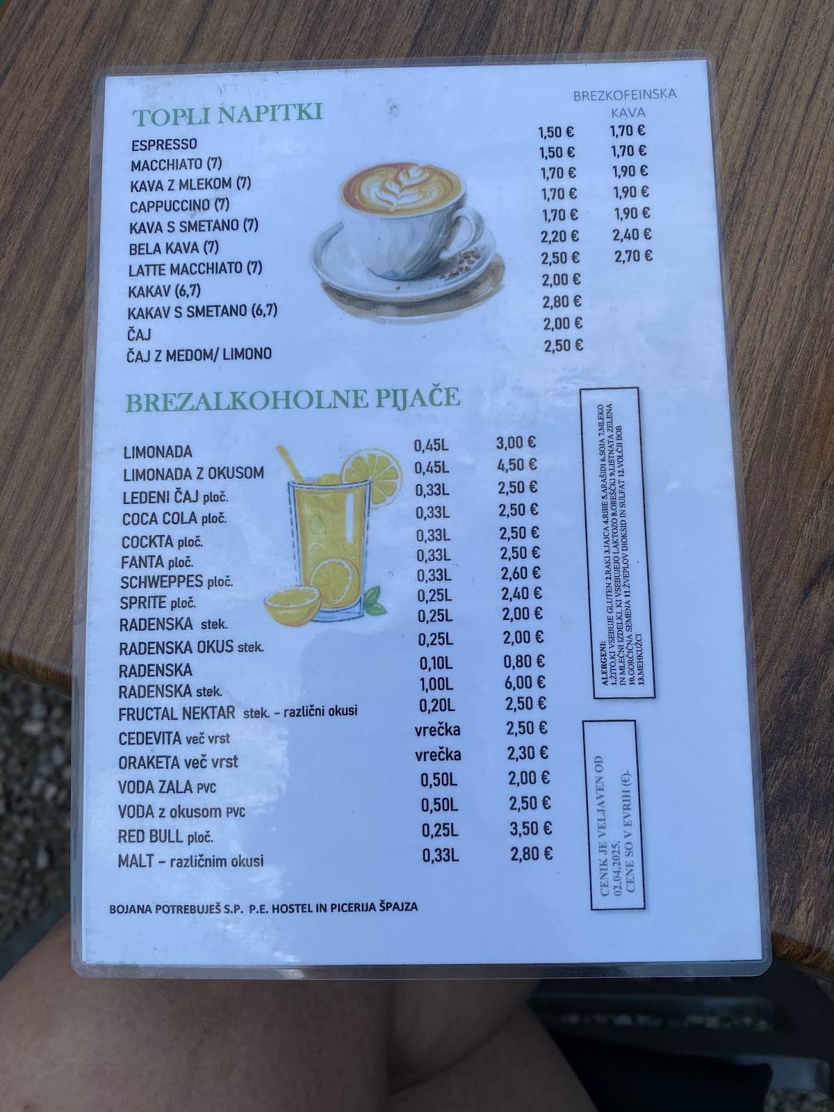 Menu di Hostel in picerija Špajza Mojstrana 