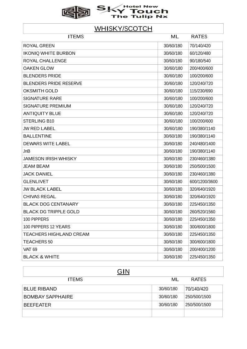 Hotel New Sky Touch Roof Top Family Restaurant Bar & Banquets menu