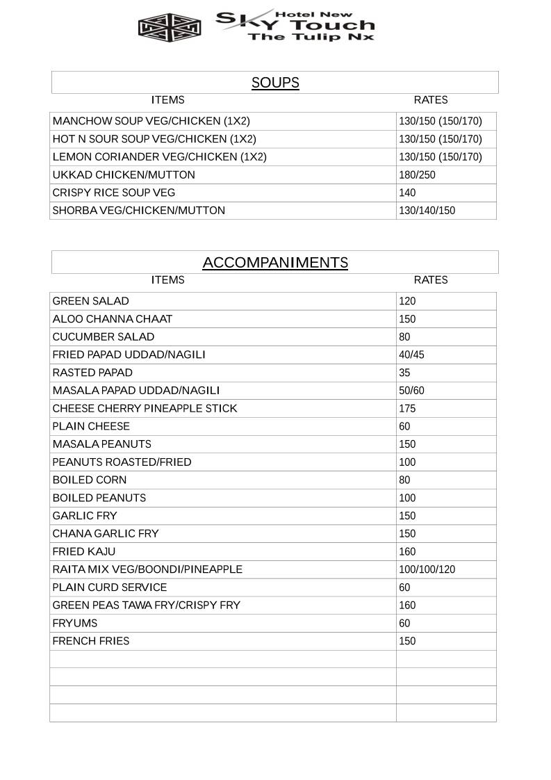 Hotel New Sky Touch Roof Top Family Restaurant Bar & Banquets menu