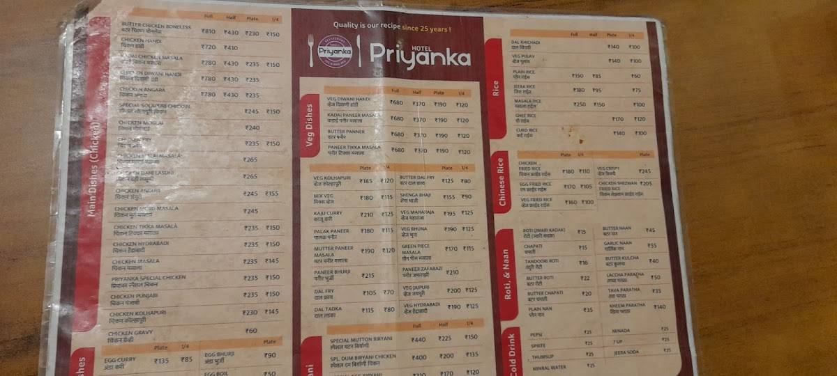 Hotel Priyanka Family Restaurant menu