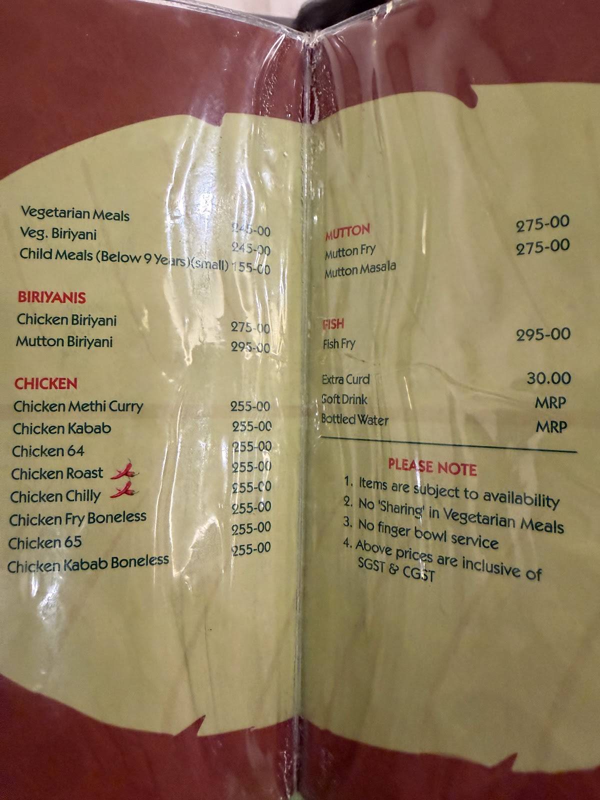 Hotel RRR Mysore menu