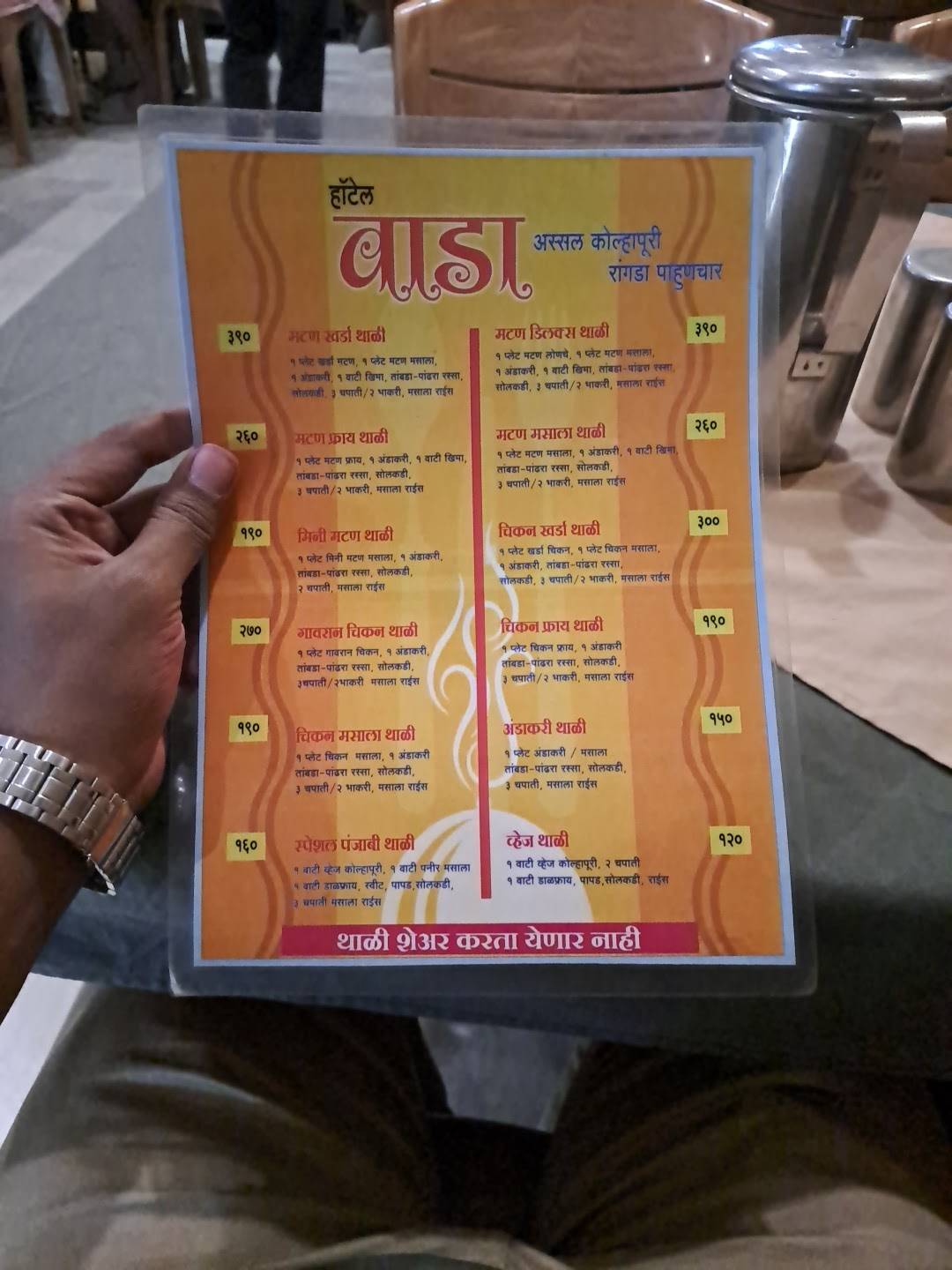 Hotel Wada, Kolhapur menu