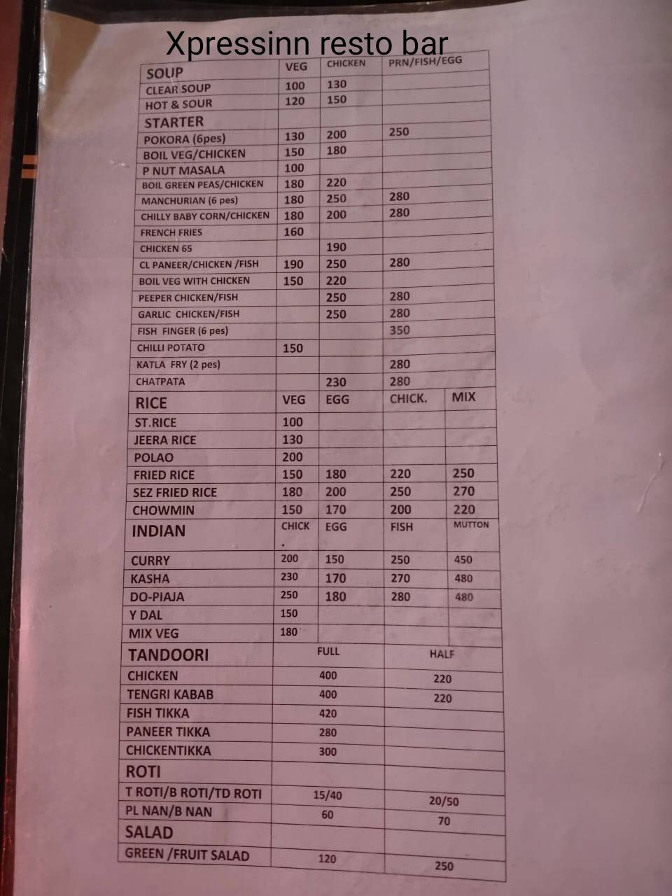 Hotel Xpress Inn Resto-Bar menu