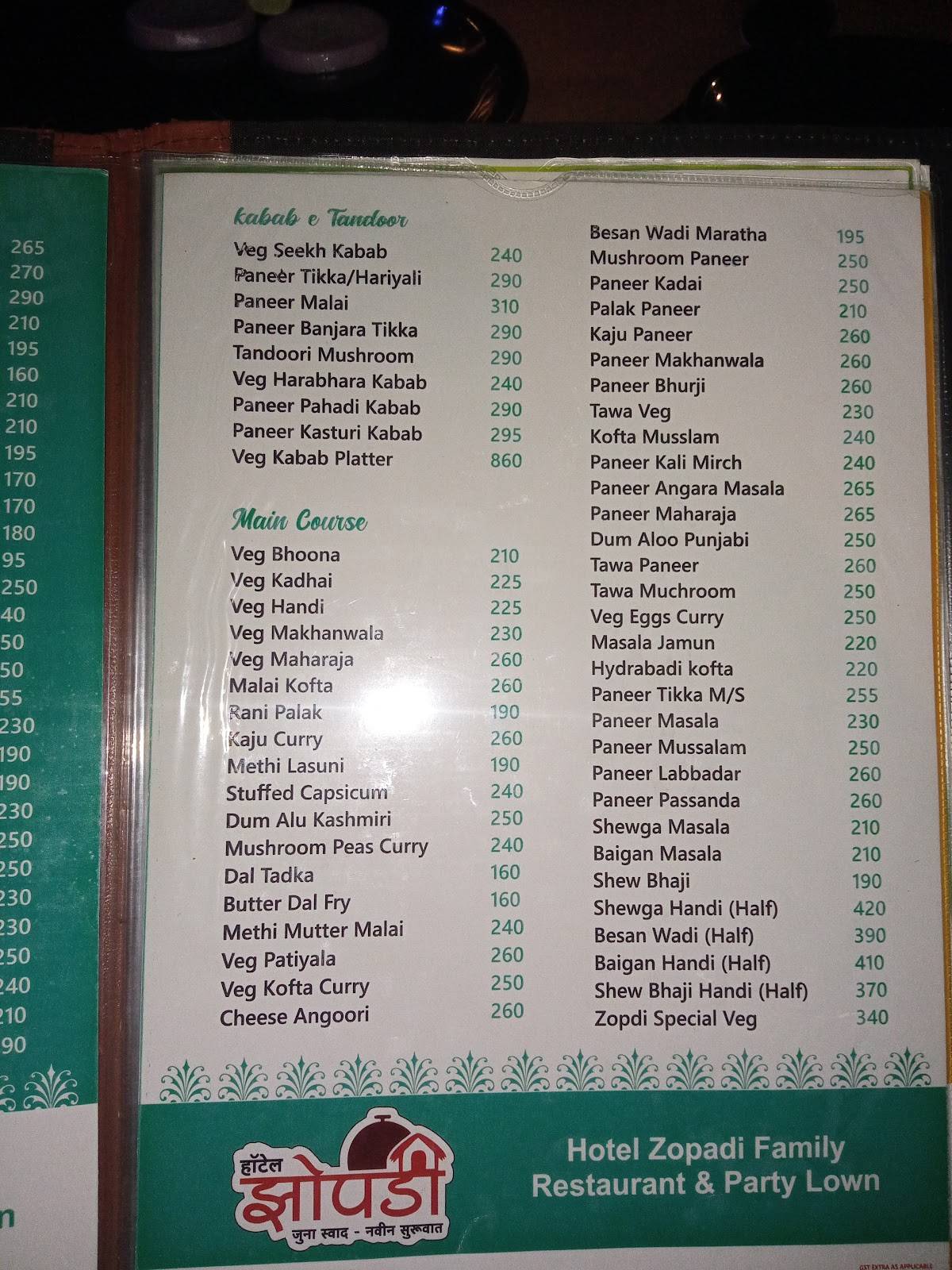 Hotel Zopadi- Veg & Nonveg Restaurant in Aurangabad menu