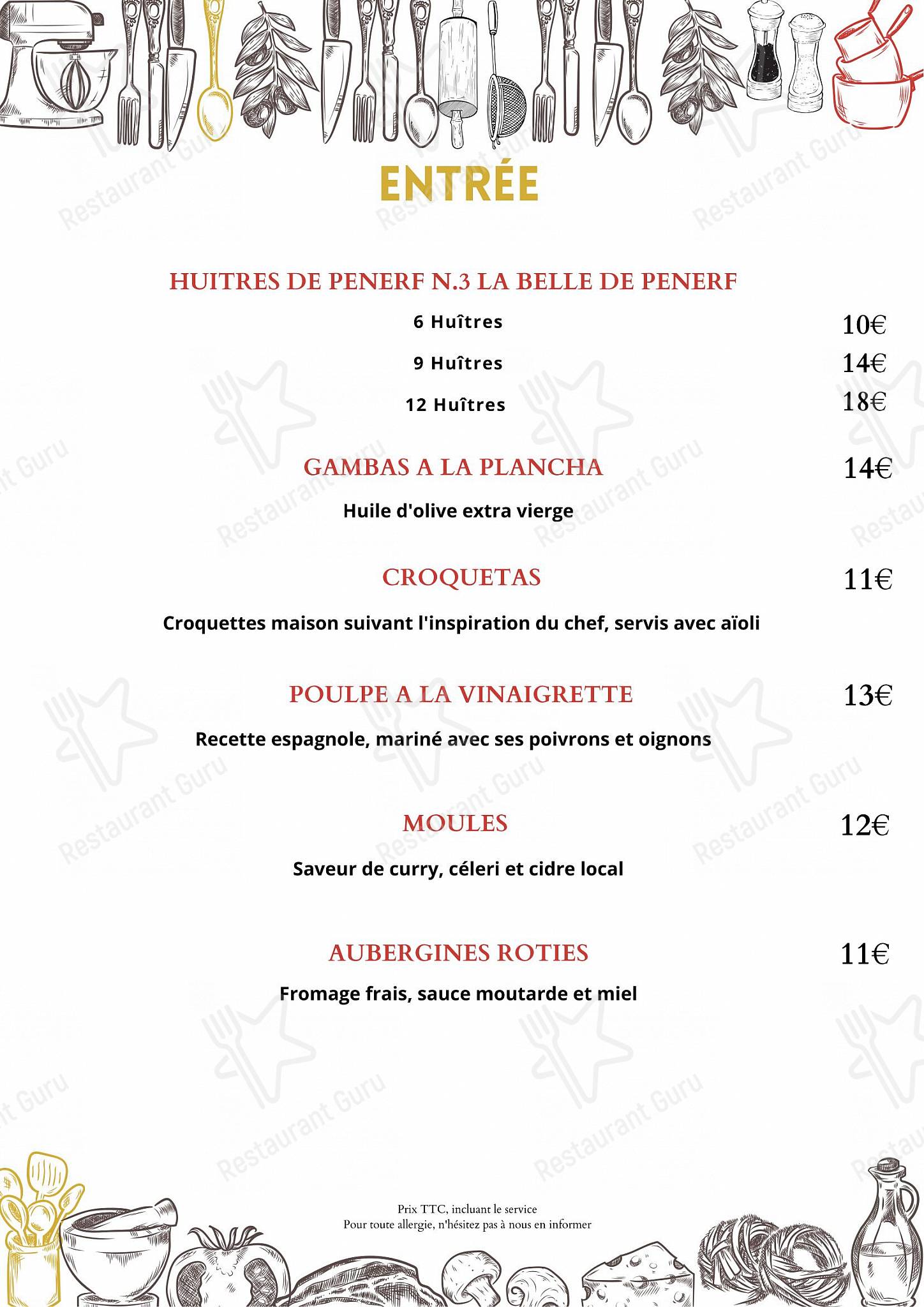 Menu de Hôtel le Mur du Roy