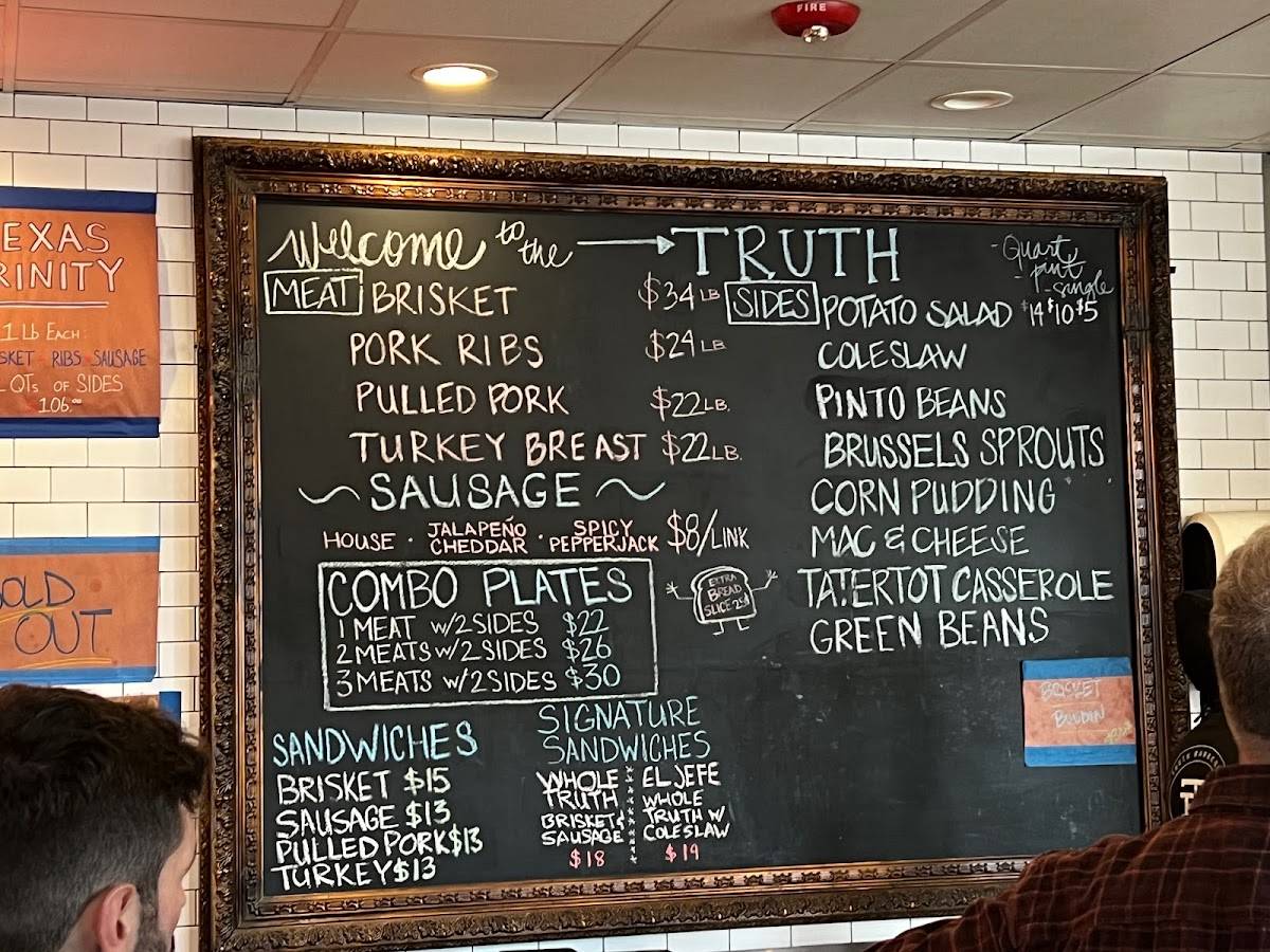 Menu at Truth BBQ, Houston