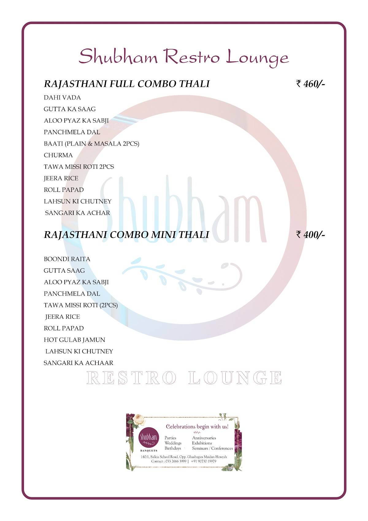Shubham Banquets menu
