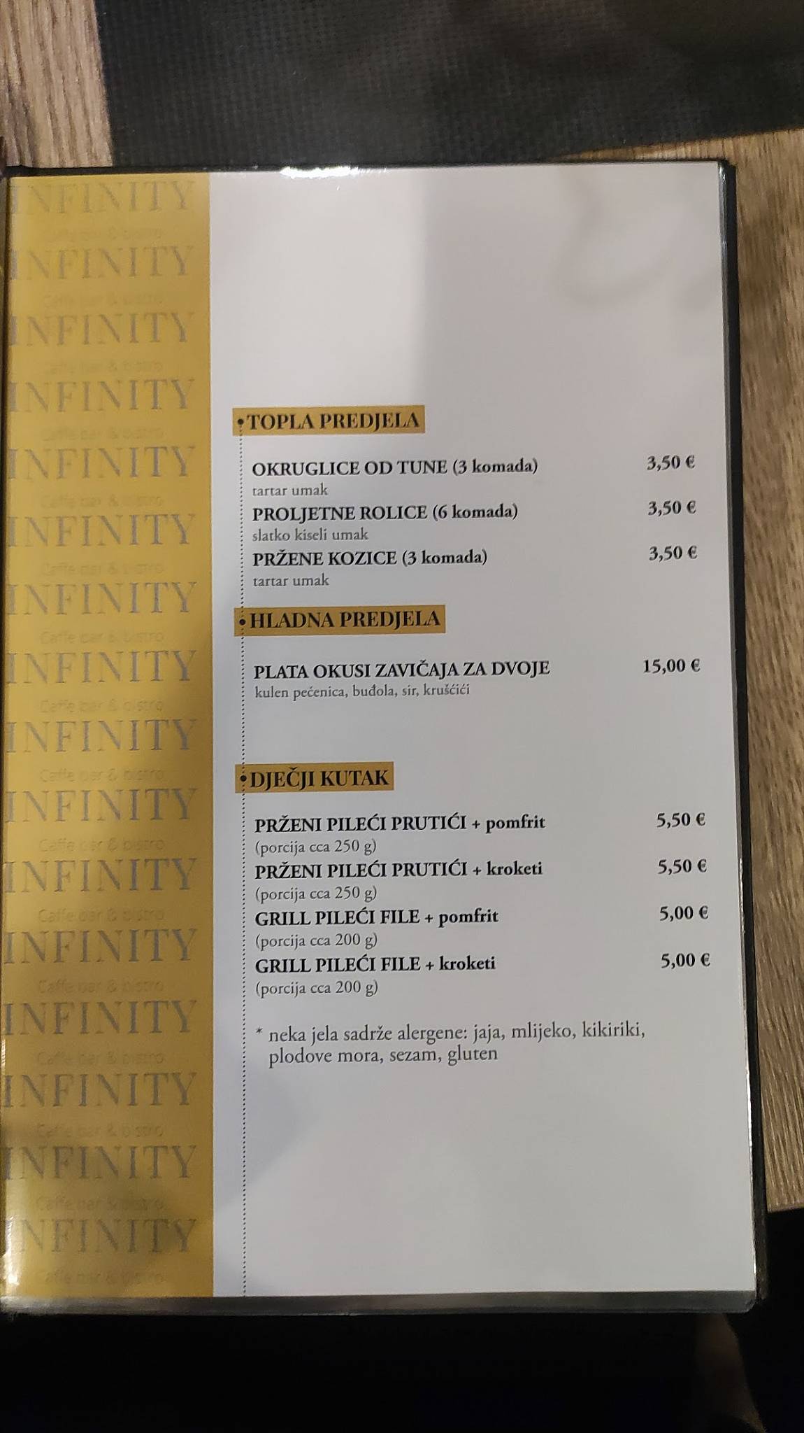 Menu di INfinity bistro & caffe bar 