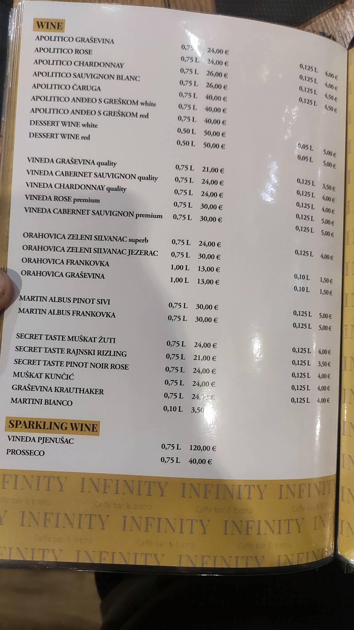 Menu di INfinity bistro & caffe bar 