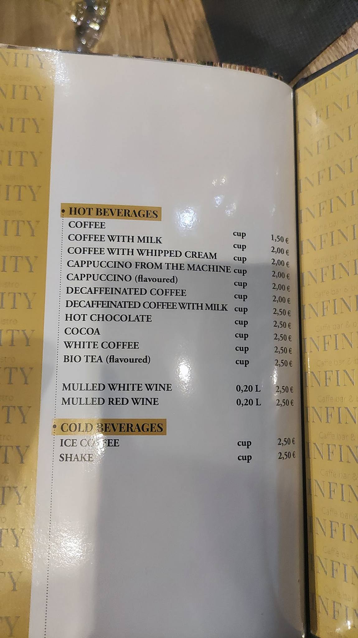 Menu di INfinity bistro & caffe bar 