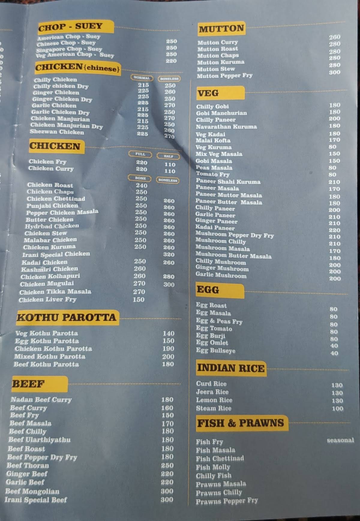 IRANI Restaurant & Events Peroorkada menu