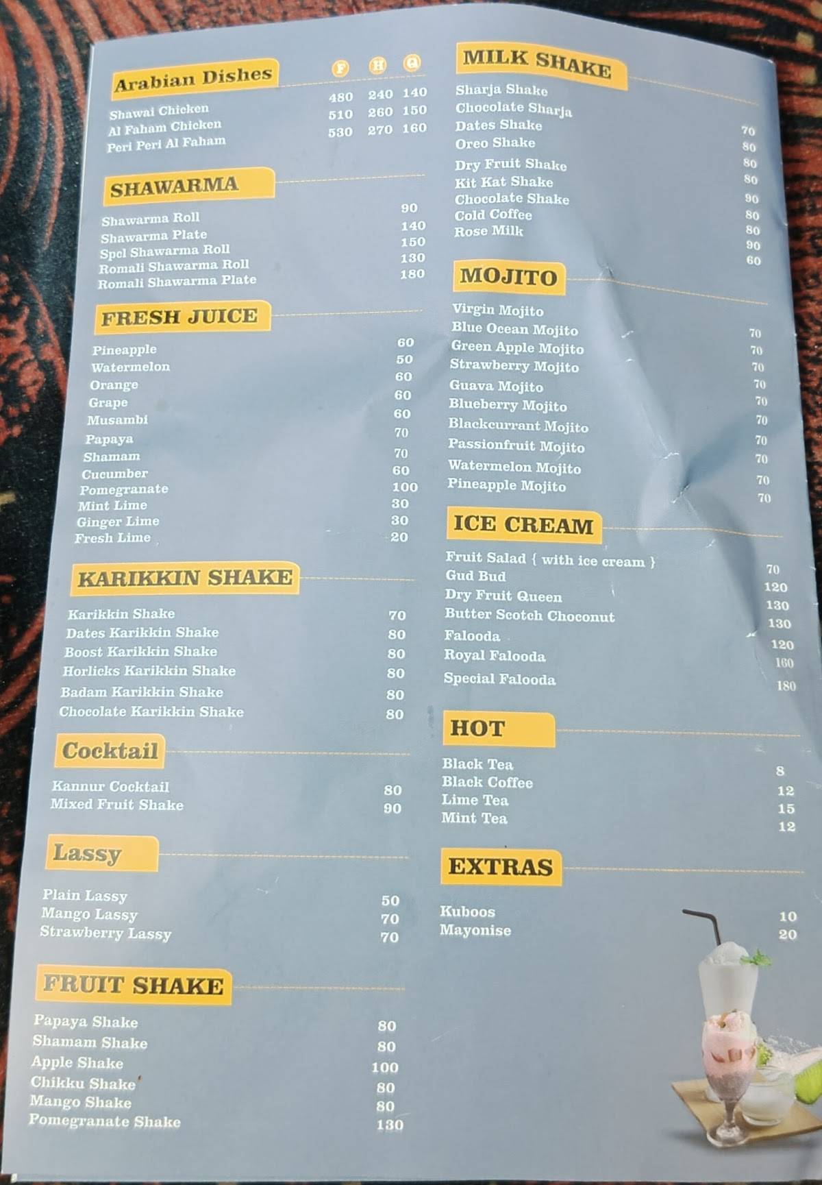 IRANI Restaurant & Events Peroorkada menu