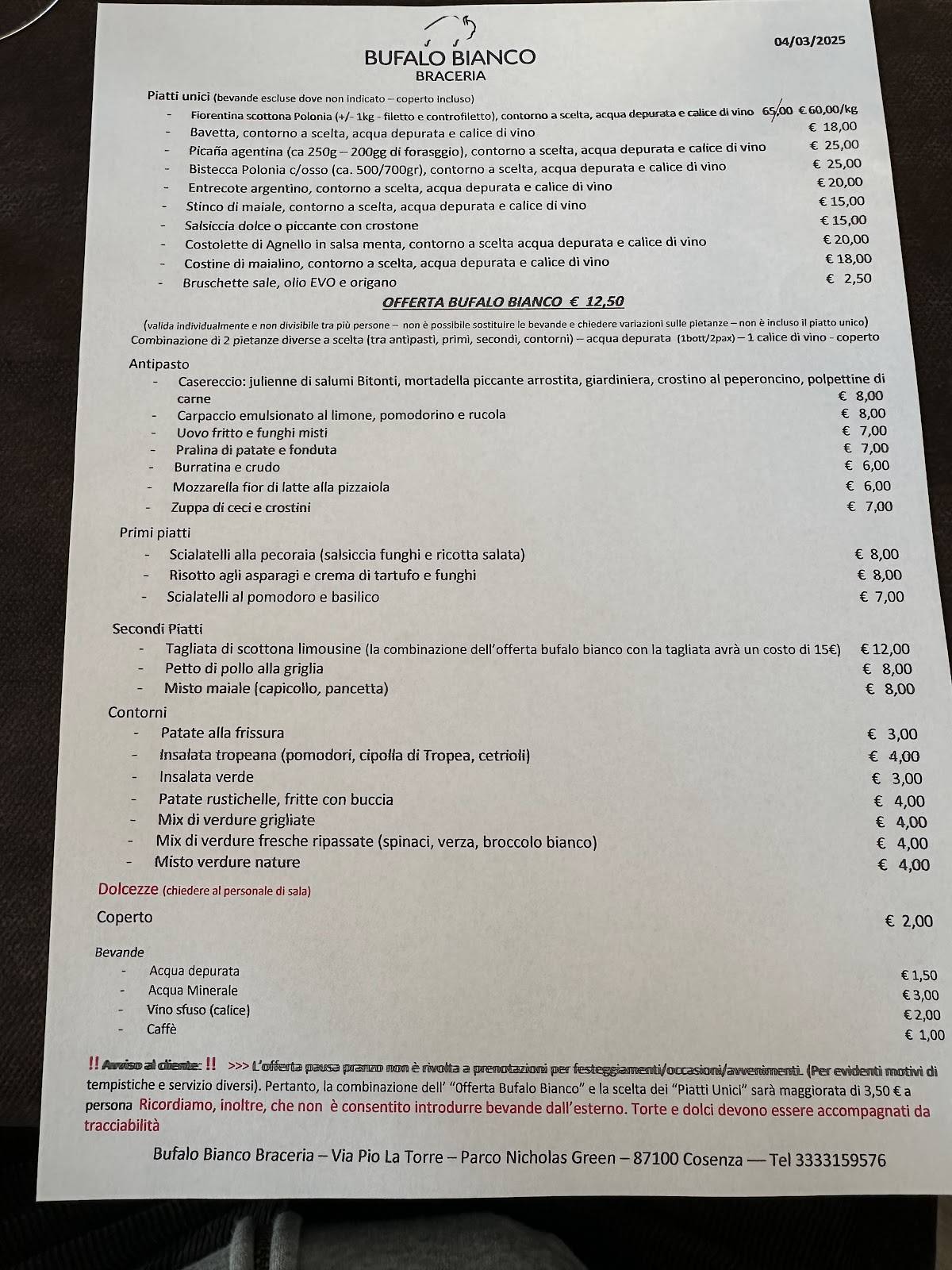 Menu di Il Bufalo Bianco 