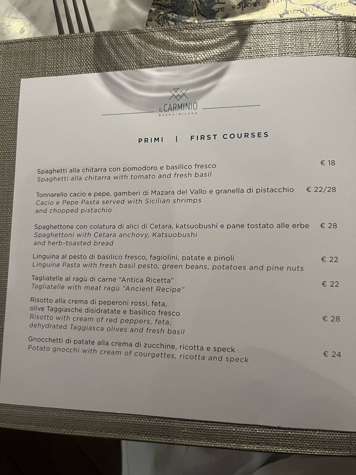 Menu di Il Carminio . Milano Brera 