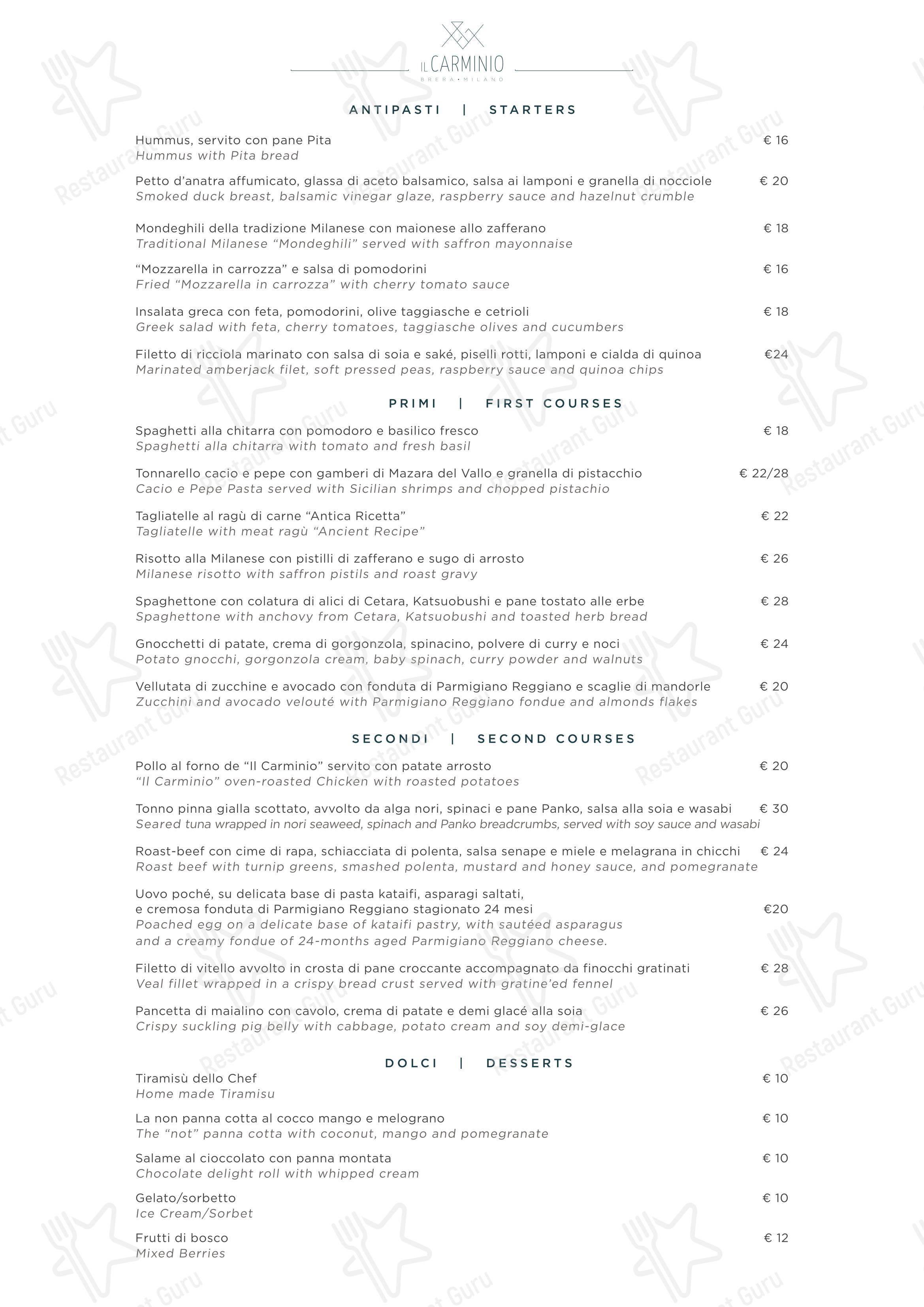 Menu di Il Carminio . Milano Brera - Menu bar