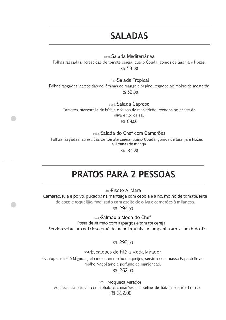 Restaurante Mirador cardápio