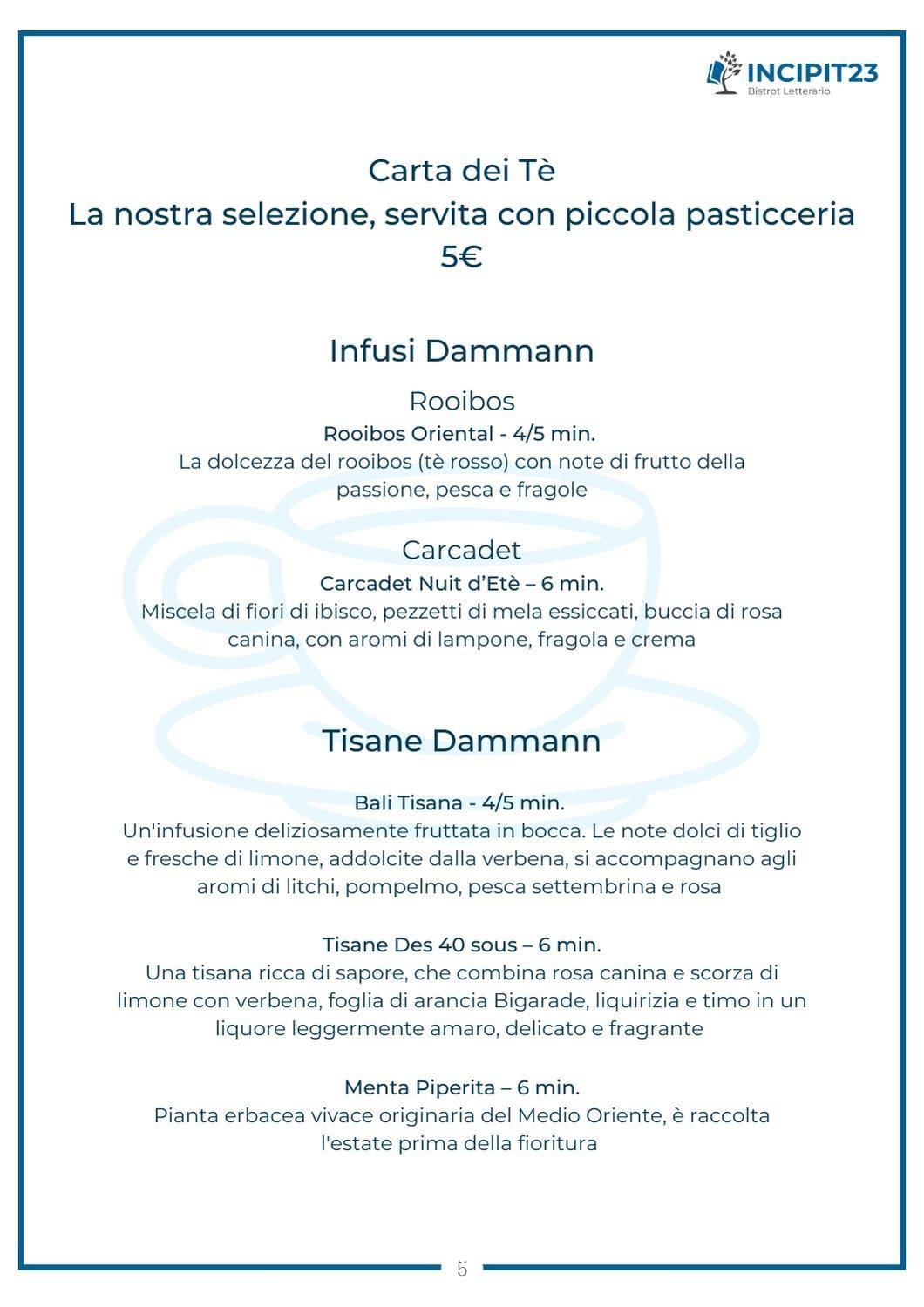 Menu di Incipit23 Bistrot Letterario 