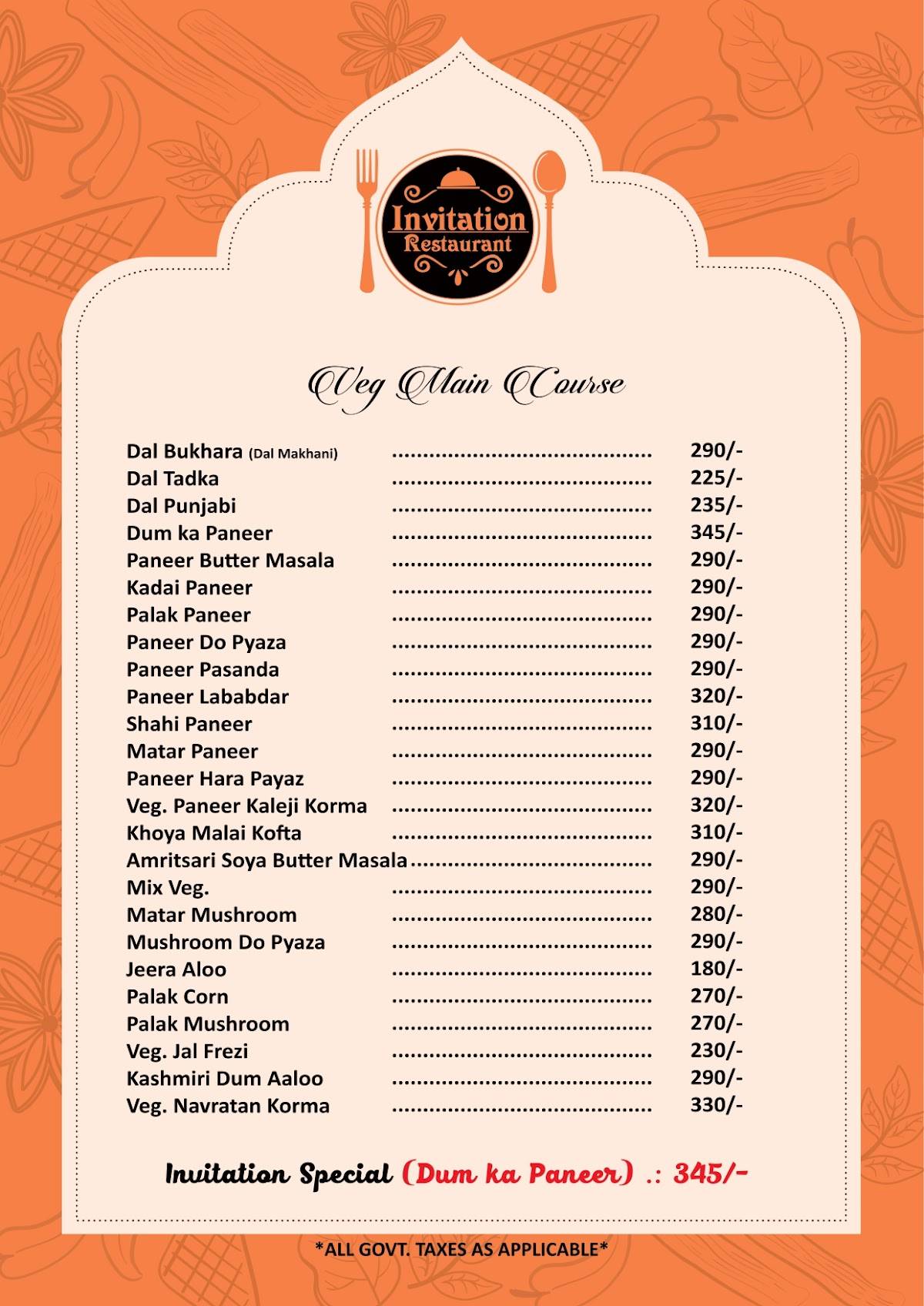 Invitation Restaurant menu