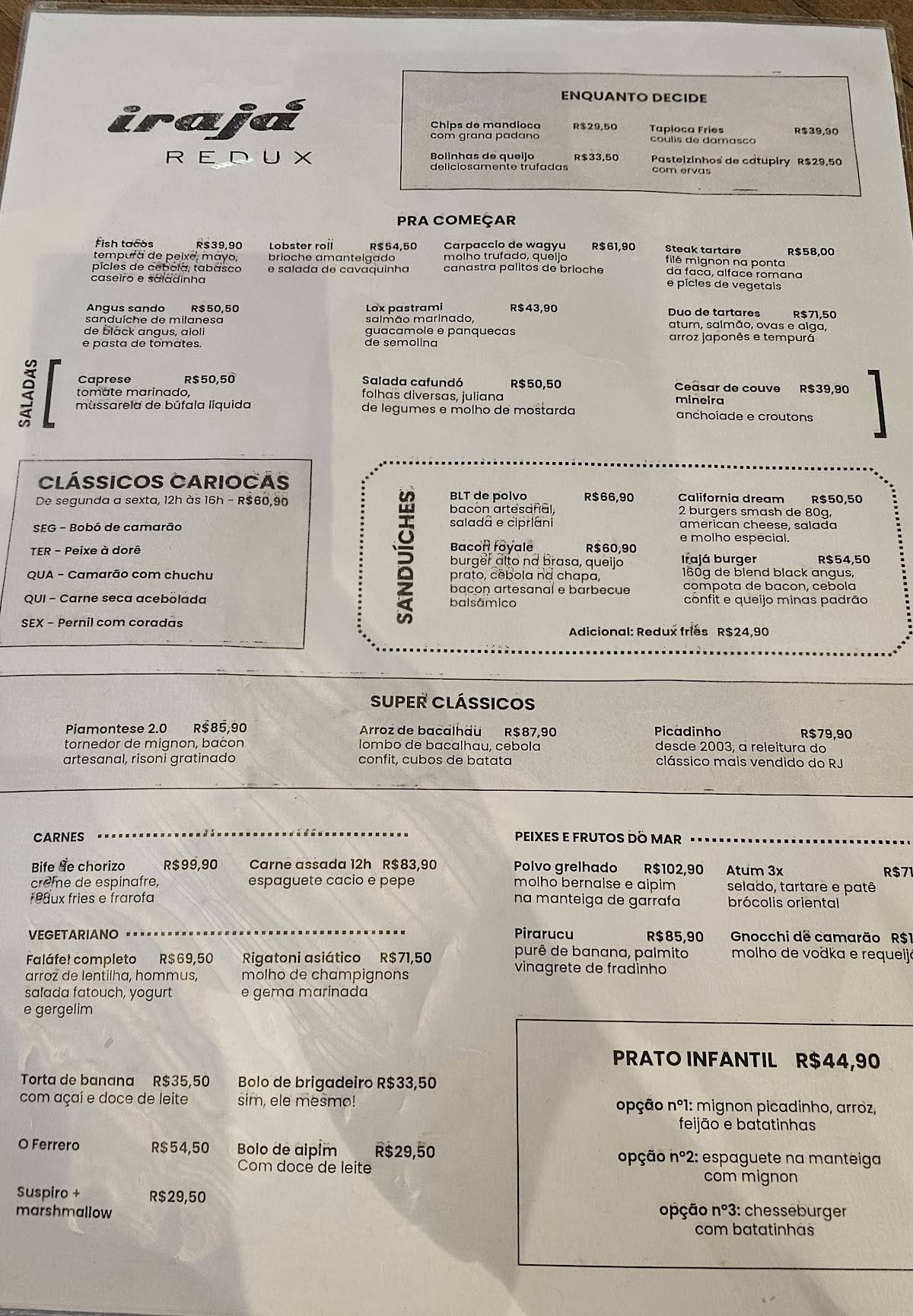 Irajá Redux cardápio