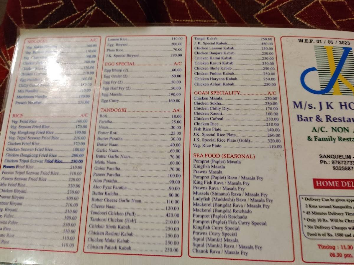 JK Bar and Restaurant menu