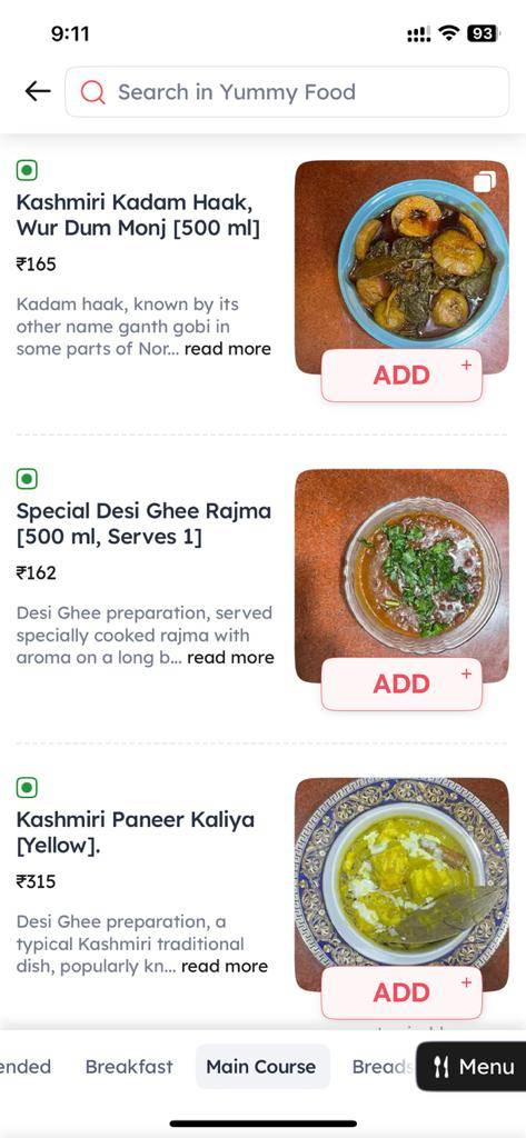 YUMMY FOOD menu