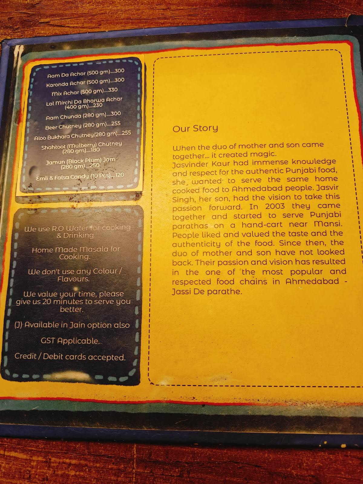 Jassi De Parathe menu