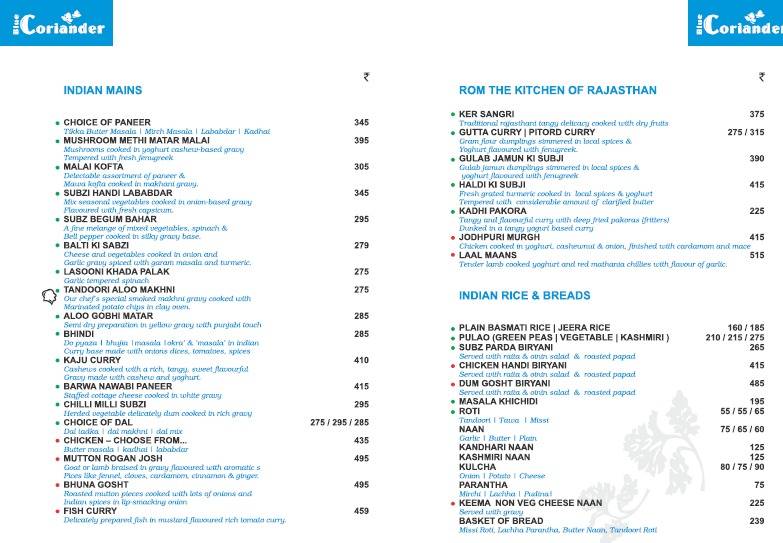 Blue Coriander Jodhpur menu