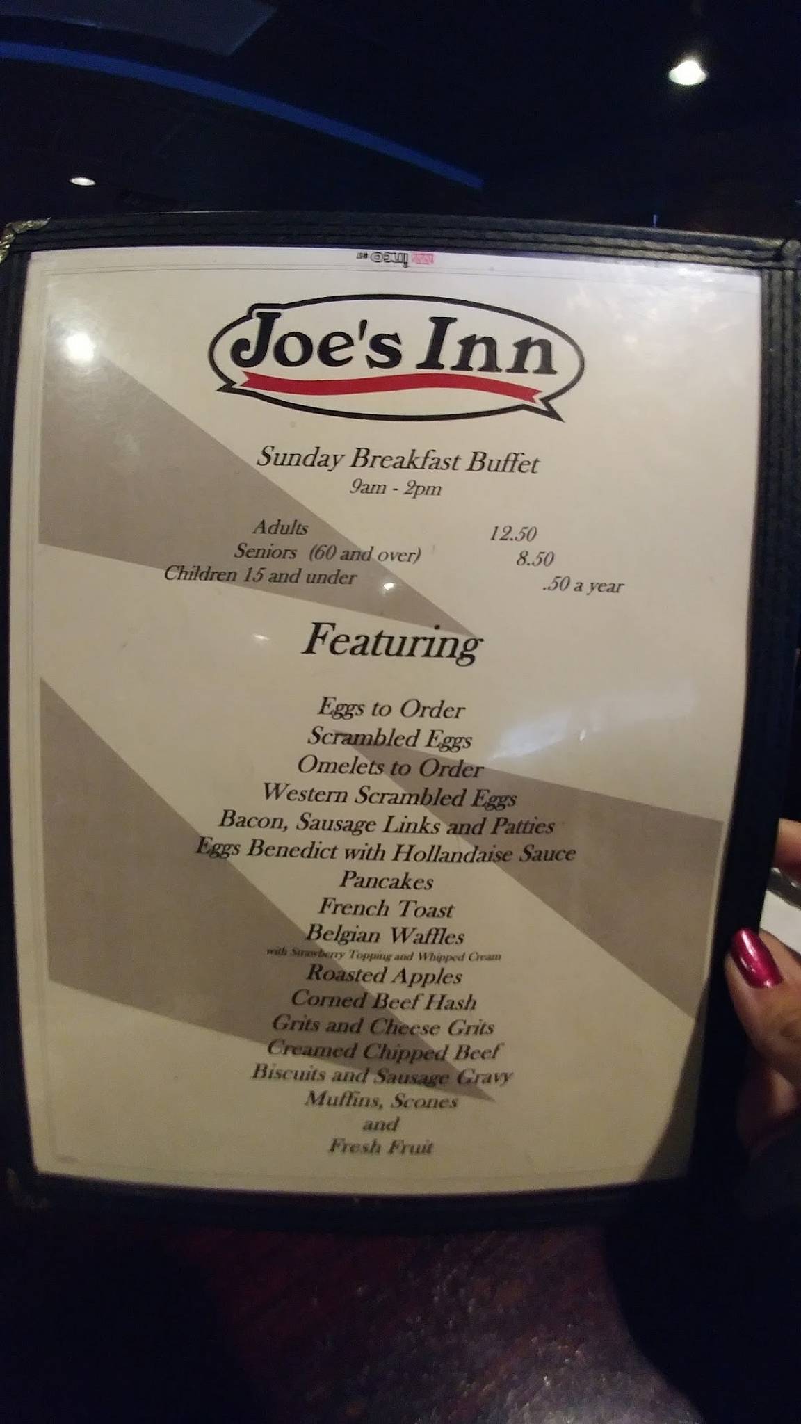 Menu at Joe's Inn Bon Air restaurant, Richmond, Buford Road
