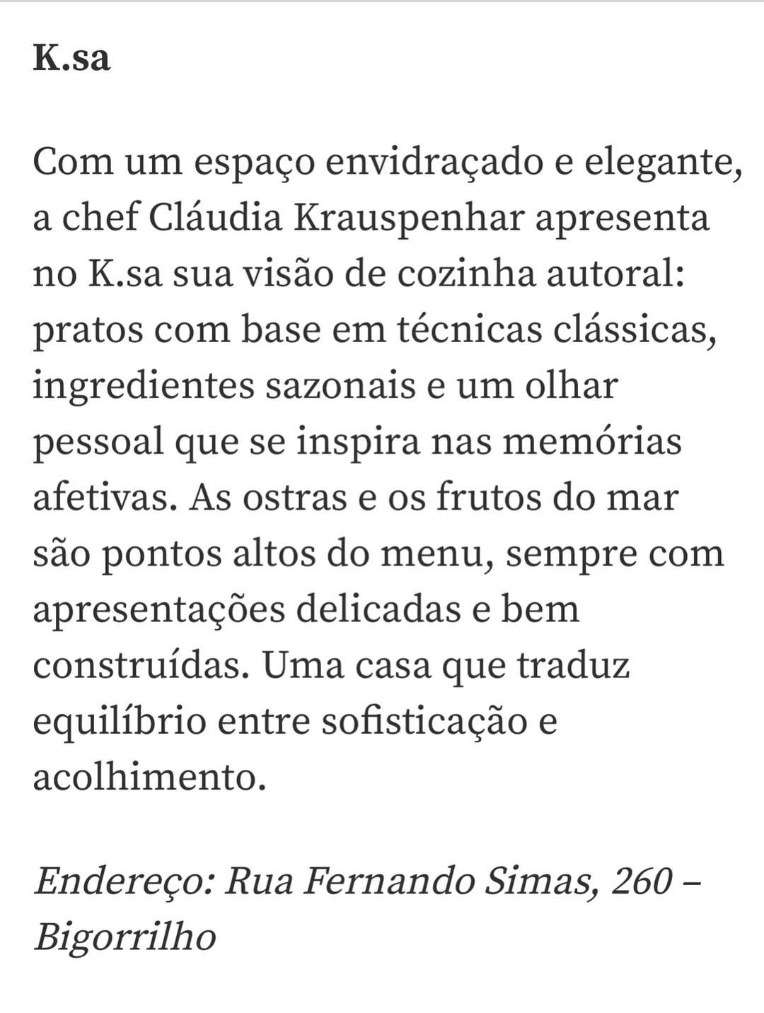 K.sa Restaurante cardápio