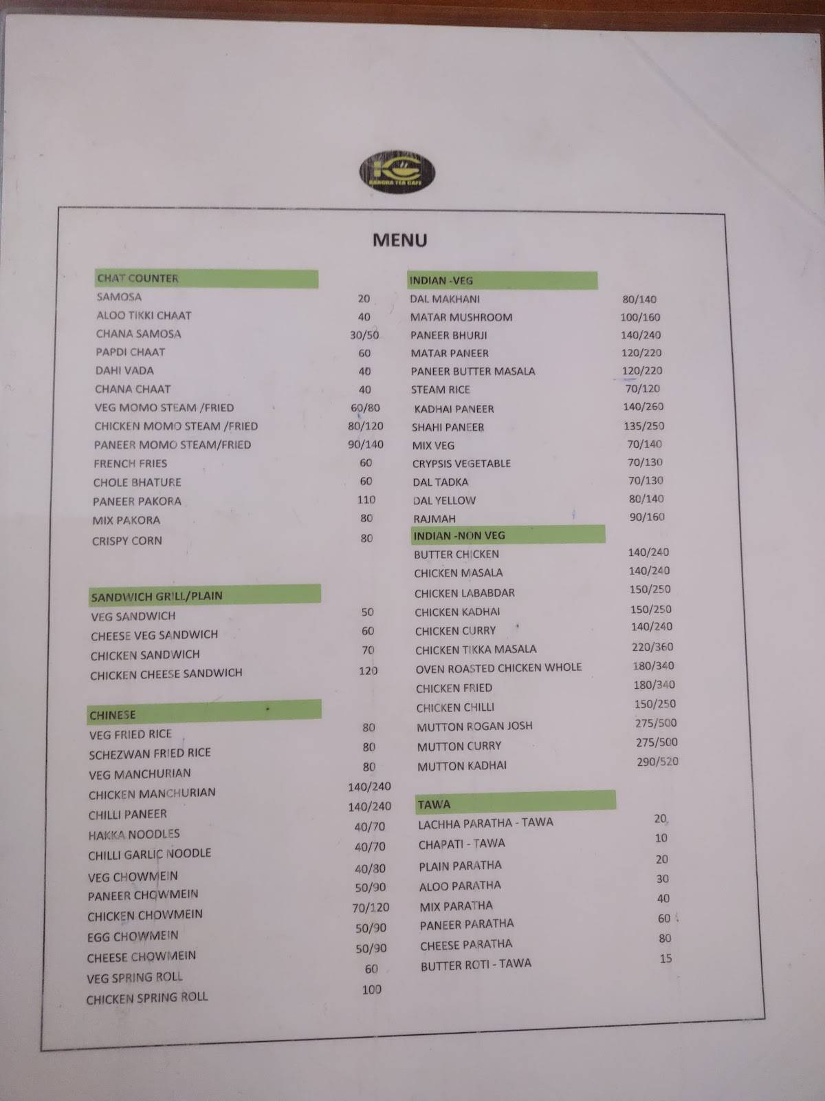 Kangra Tea Cafe menu