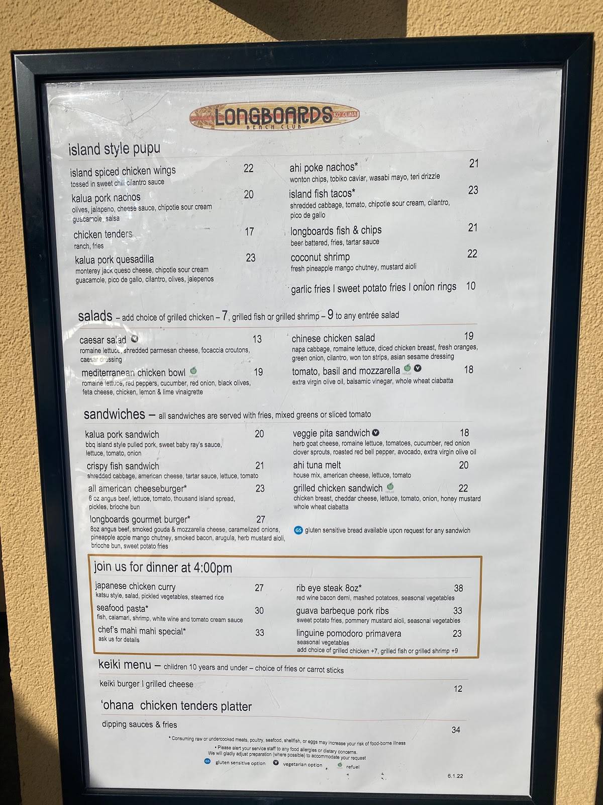 Menu at Longboards pub & bar, Kapolei